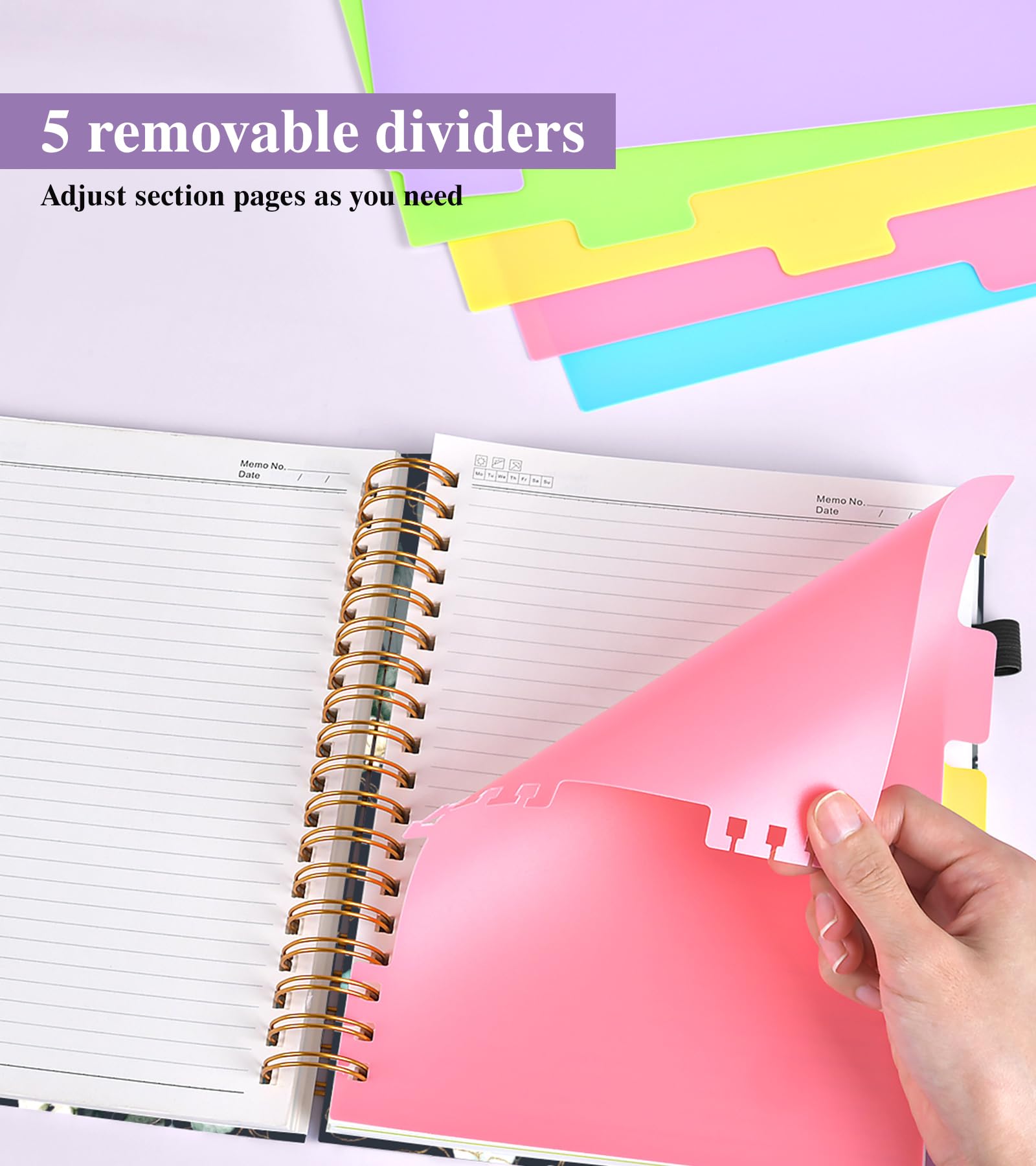 Hardcover Spiral Notebooks for Work，300 Pages 5 Subject Notebook College Ruled with Dividers Tabs，8"x10" Aesthetic Lined Spiral Journal for Women，100GSM Large Cute Notebook for school,GreenEucalyptus