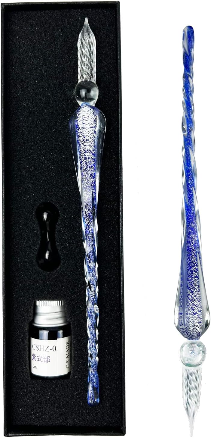 Glass Dip Pen and Ink Set, Glass Calligraphy Pens with Ink and Holder,Crystal Signature Pen for Art,Painting,Writing,Decoration and Business Gift(Dark Blue)