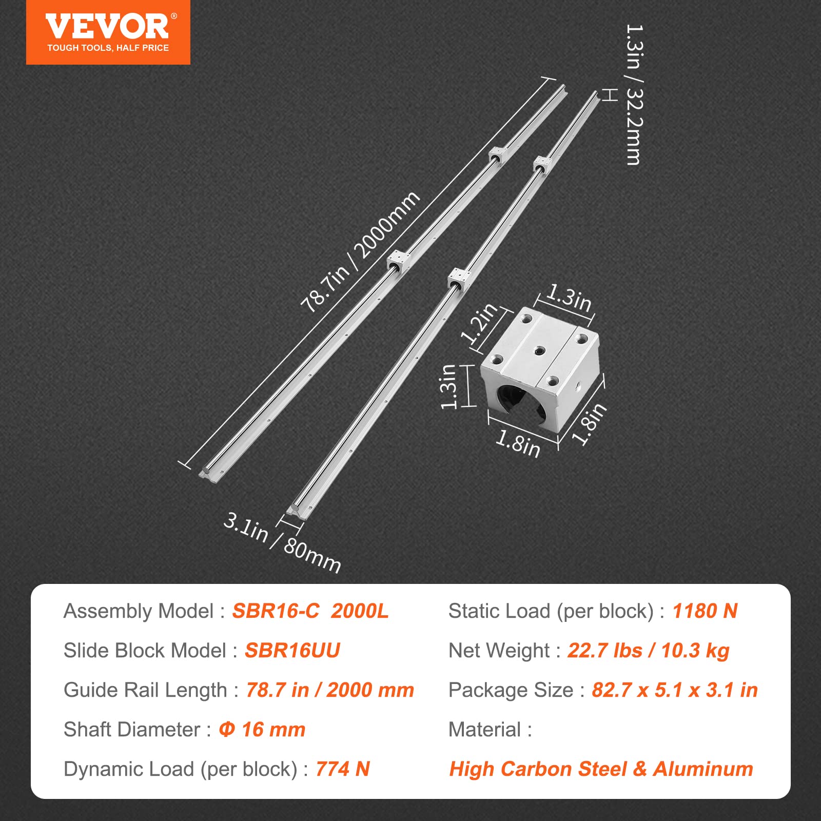 VEVOR Set di Guide Lineari, SBR16 2000 mm, 2 Guide Lineari SBR16 da 78,7 pollici/2000 mm e 4 Blocchi di Scorrimento SBR16UU, Guide Lineari e Kit Cuscinetti per Macchine Automatizzate CNC