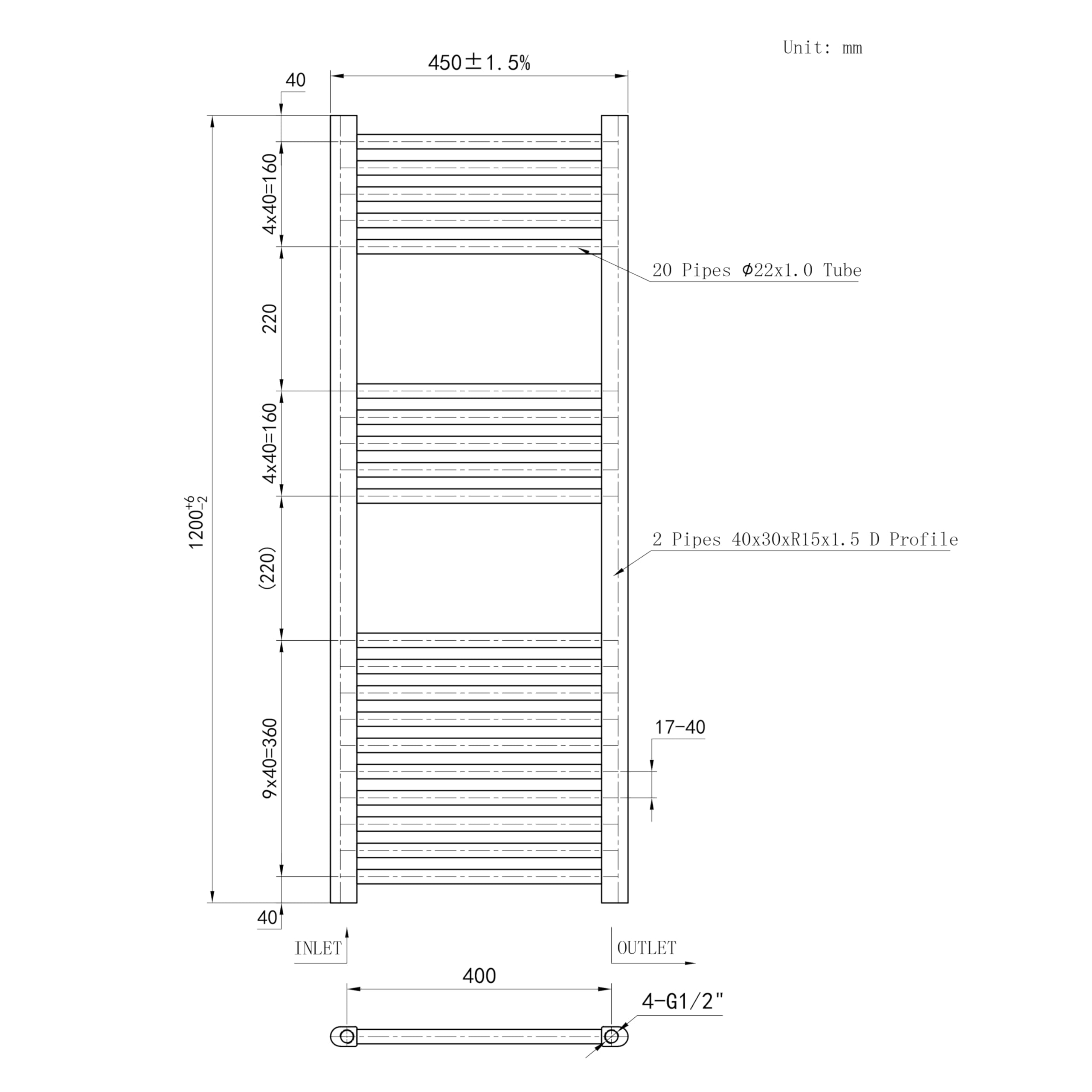 AICAIT Termoarredo Scaldasalviette Termosifone Acciaio al carbonio Antracitico 1200x450mm