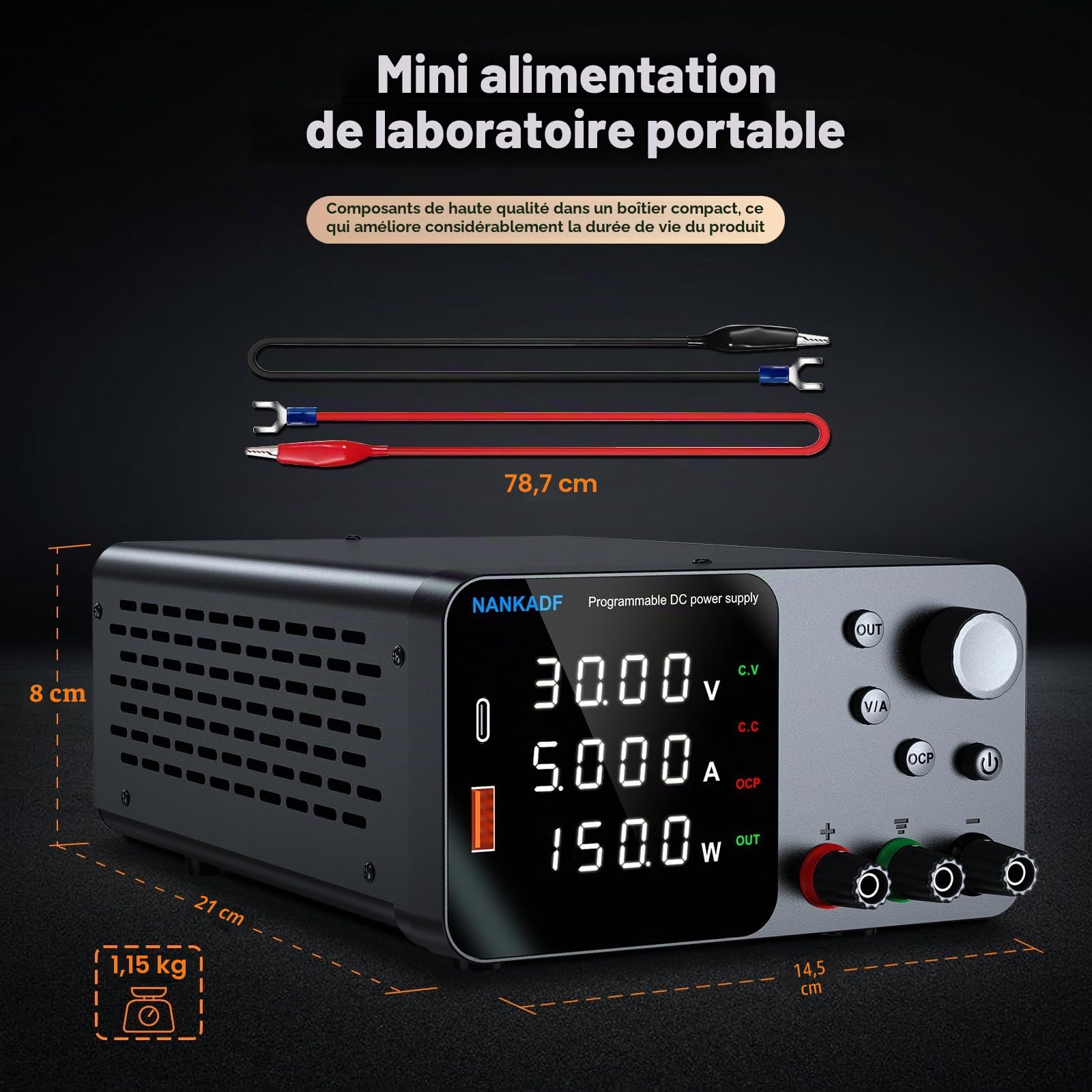 Alimentation de Laboratoire, Alimentation DC Ajustable avec Interface USB-A/Type-c, Bouton de réglage du codeur pour la Maintenance des équipements électroniques et de Laboratoire (30V 5A)