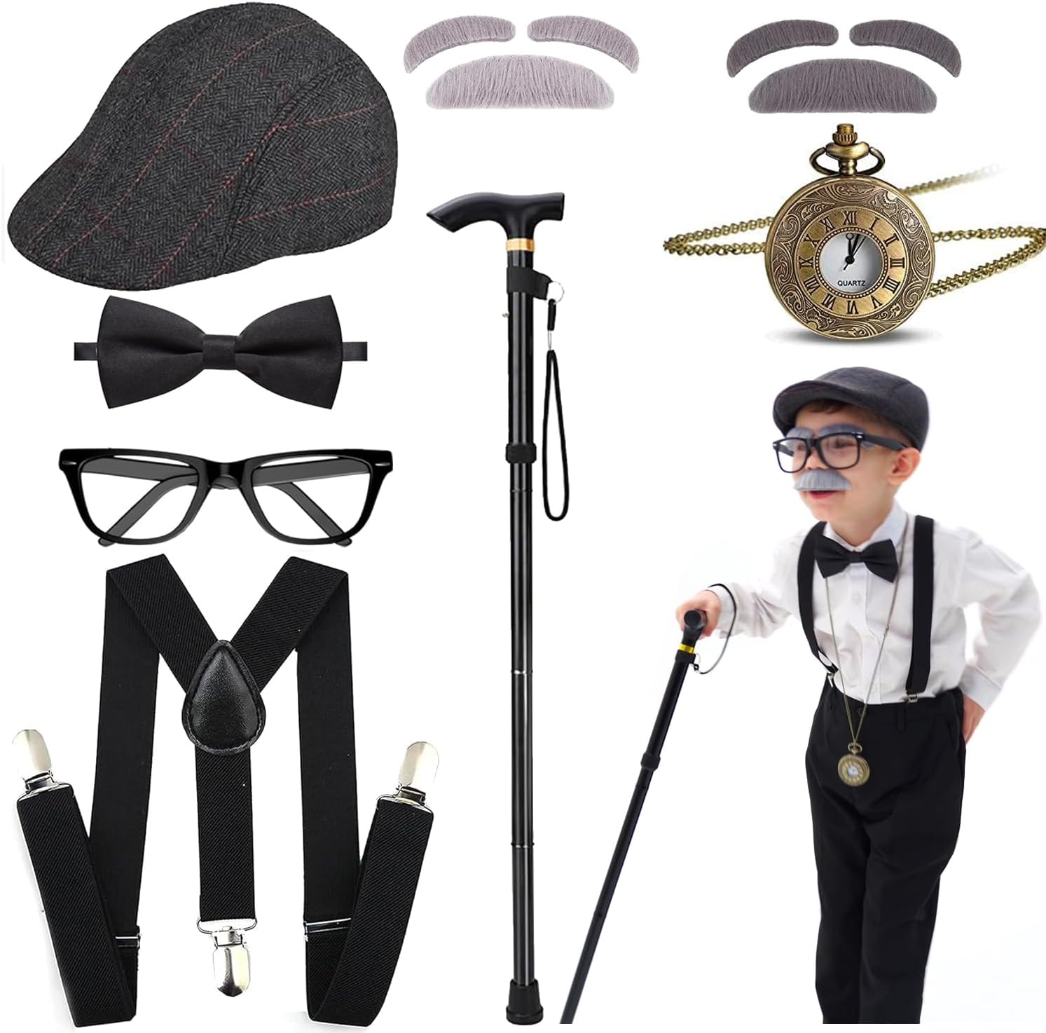 Kids 100 Days of School Costume for Boys - Halloween Old Man Costume Hat Glasses and Grandpa Vest Set for Child
