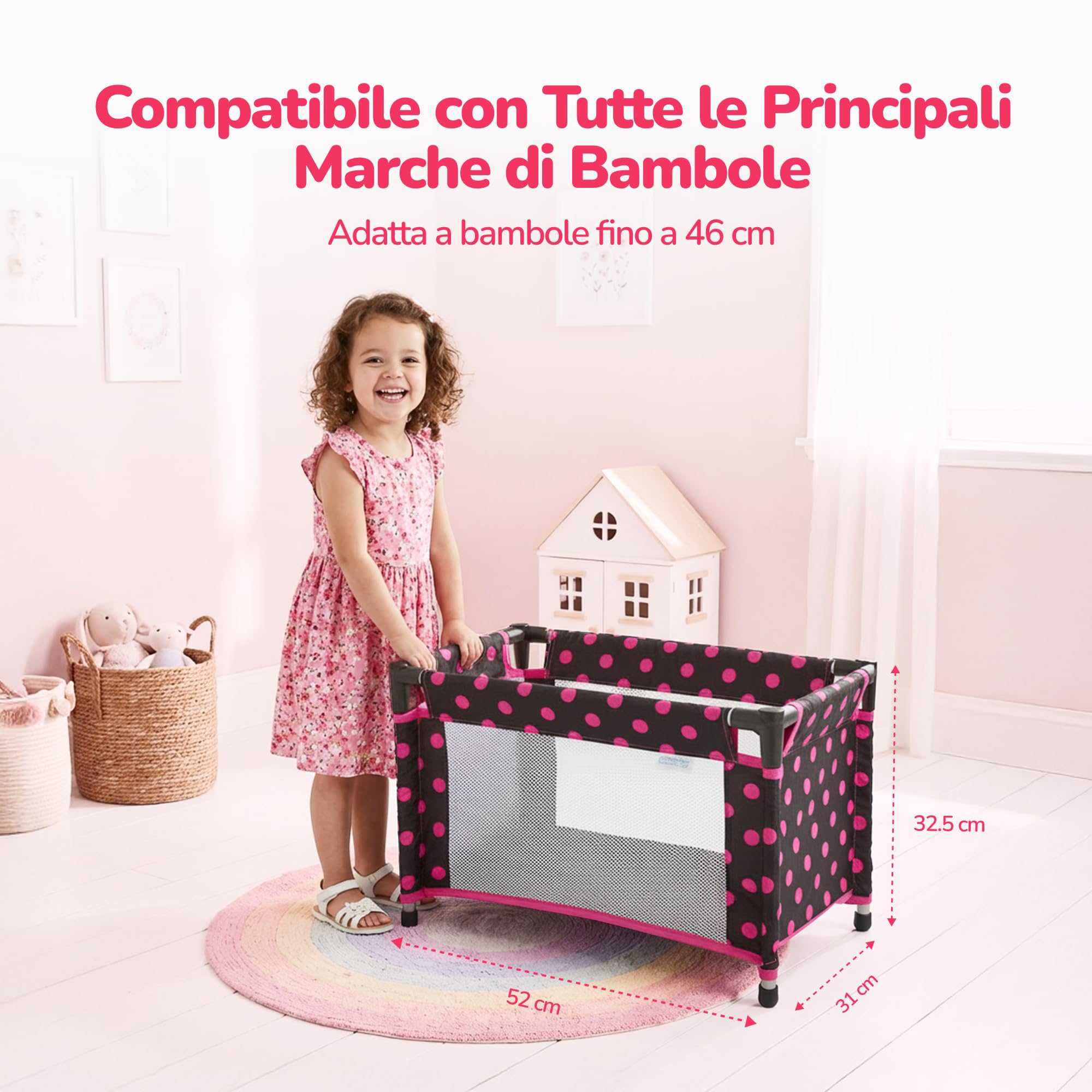 Kinderplay Lettino da Viaggio per Bambole – Culla pieghevole con borsa – Per bambole fino a 46 cm – Rete traspirante, tessuto lavabile, piedini antiscivolo – KP0400G