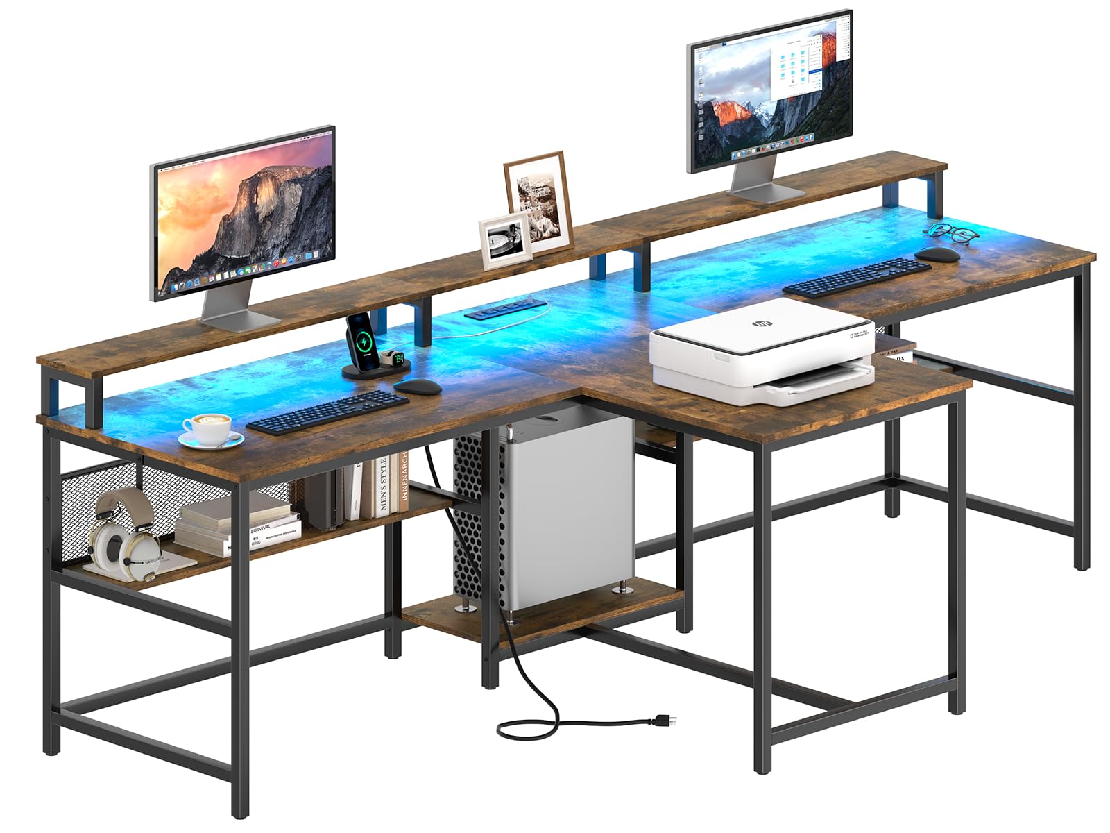 98" T Shaped Computer Desk with Power Outlets & LED Lights, Home Office Writing Desk with Long Monitor Stand, Workstations Study Gaming Desk for 2 Person (Rustic Brown)
