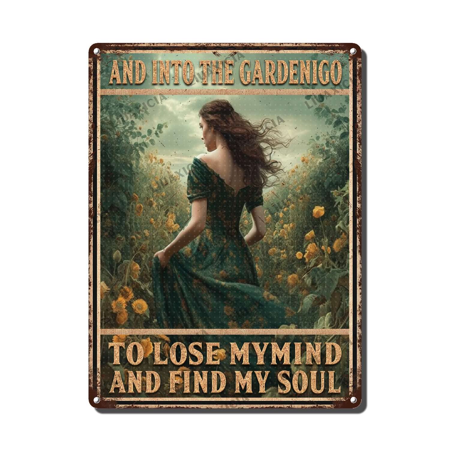 peiyeety Metal Tin Sign And Into The Garden I Go Woman Vintage Decorative Wall Art,Retro Gardening Lover Rustic Plaque for Home Living Room Bedroom Garden Patio,12x16 Inch