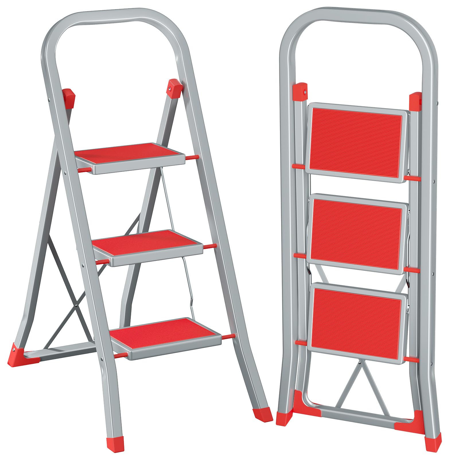 AMHANCIBLE Escalera Plegable 3 Peldaños, Escaleras Decorativa, Peldaños Anchos Antideslizantes, Carga hasta 150 kg, Ideal para Uso en Hogar, Cocina y Oficina, Liviana y Estable, Gris Rojo EBSL03RD