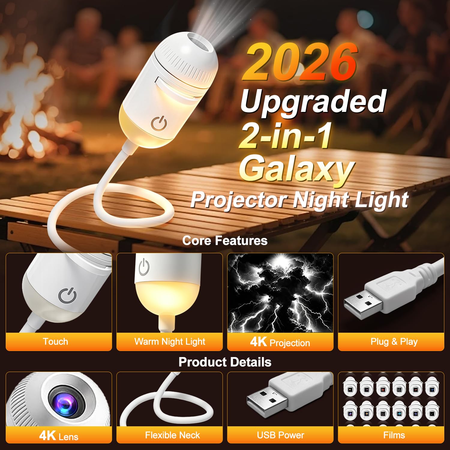 Proyector de galaxia, luz nocturna, lámpara de estrella USB 2 en 1, regalo para niños para dormitorio | Brillo ajustable, decoración de techo para pared de coche y habitación