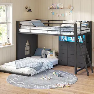 Bunk Bed Twin Over Twin with 9 Storage Drawers, Open Shelf, and LED Lights