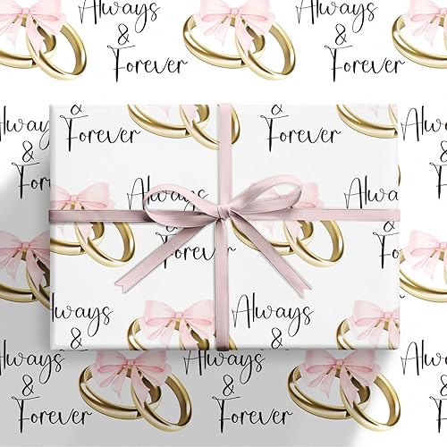 Miniatura 8 de RUSPEPA Rollo de papel de regalo de boda, mini rollo, lazos rosas y anillos dorados con diseño de texto "Always & Forever", elegante envoltura de