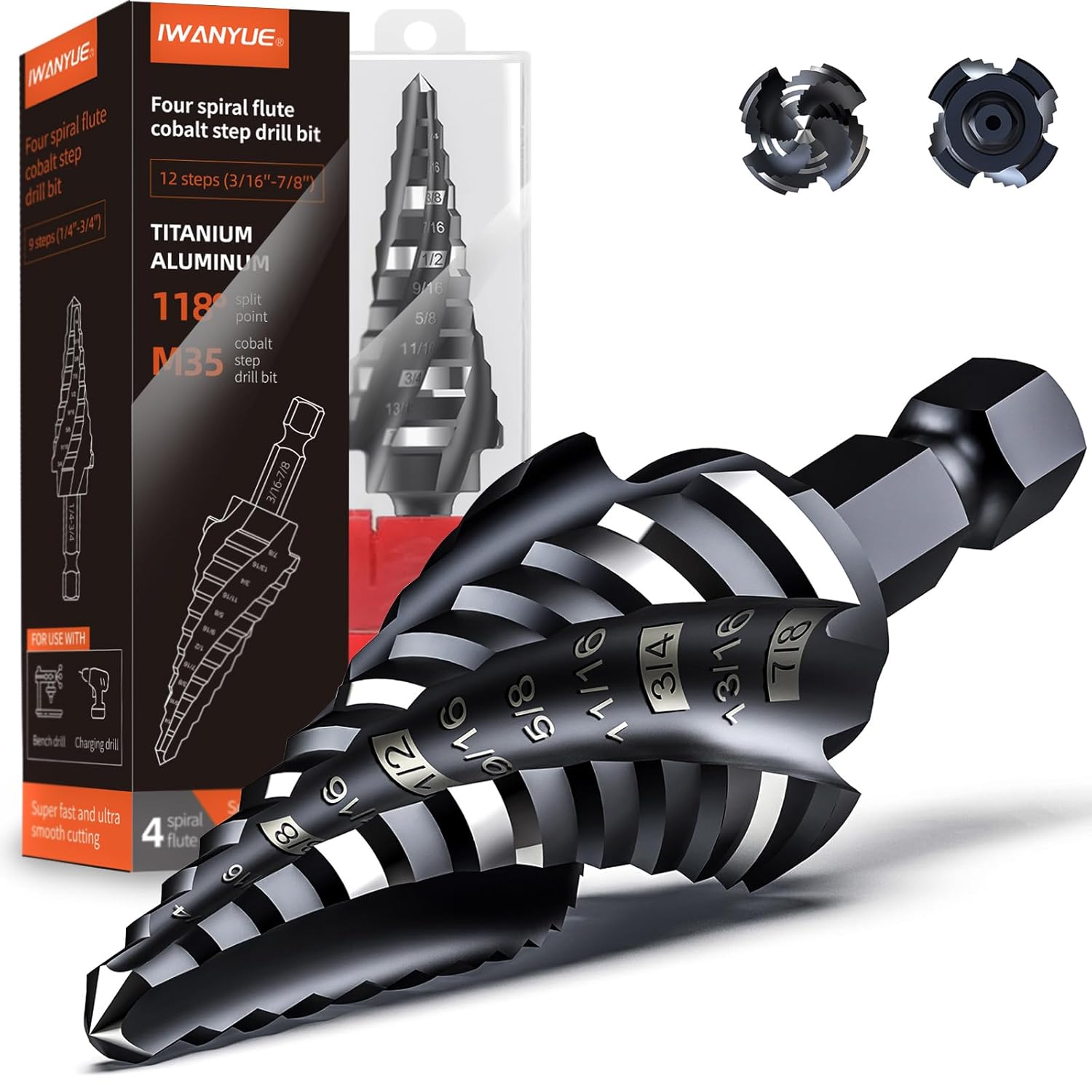 M35 Cobalt Step Drill Bit Set, Four Spiral Flute Cobalt Step Drill Bit, 3/16”-7/8" Impact Unibit Bit,for for Stainless Steel, Wood,Stainless Steel, Wood