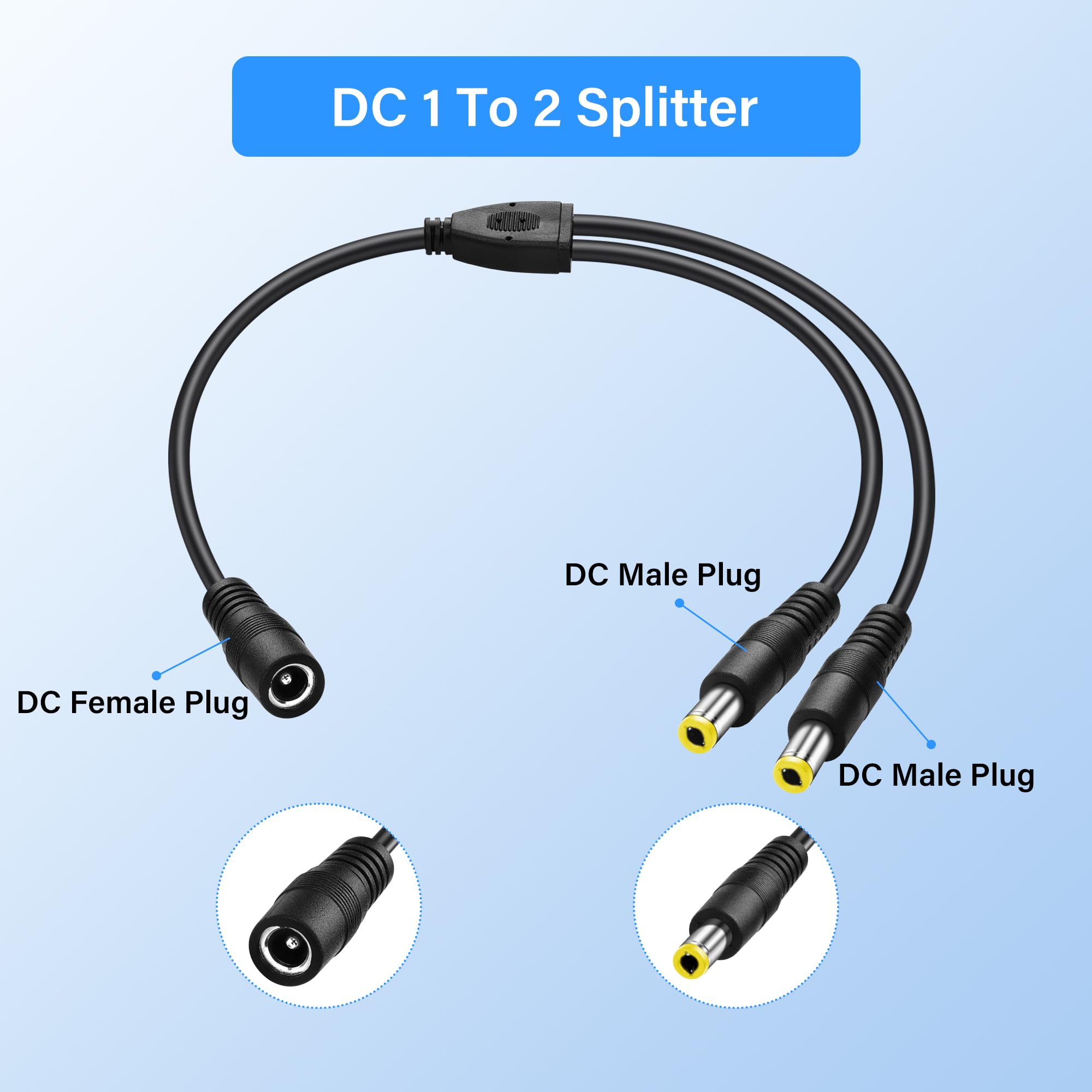 2-pak DC 5,5 x 2,5 mm 1 żeński na 2 męski kabel rozdzielacza zasilacza, kabel adaptera rozdzielacza Y, do kamer CCTV, DVR, listwa świetlna LED (0,3 m)