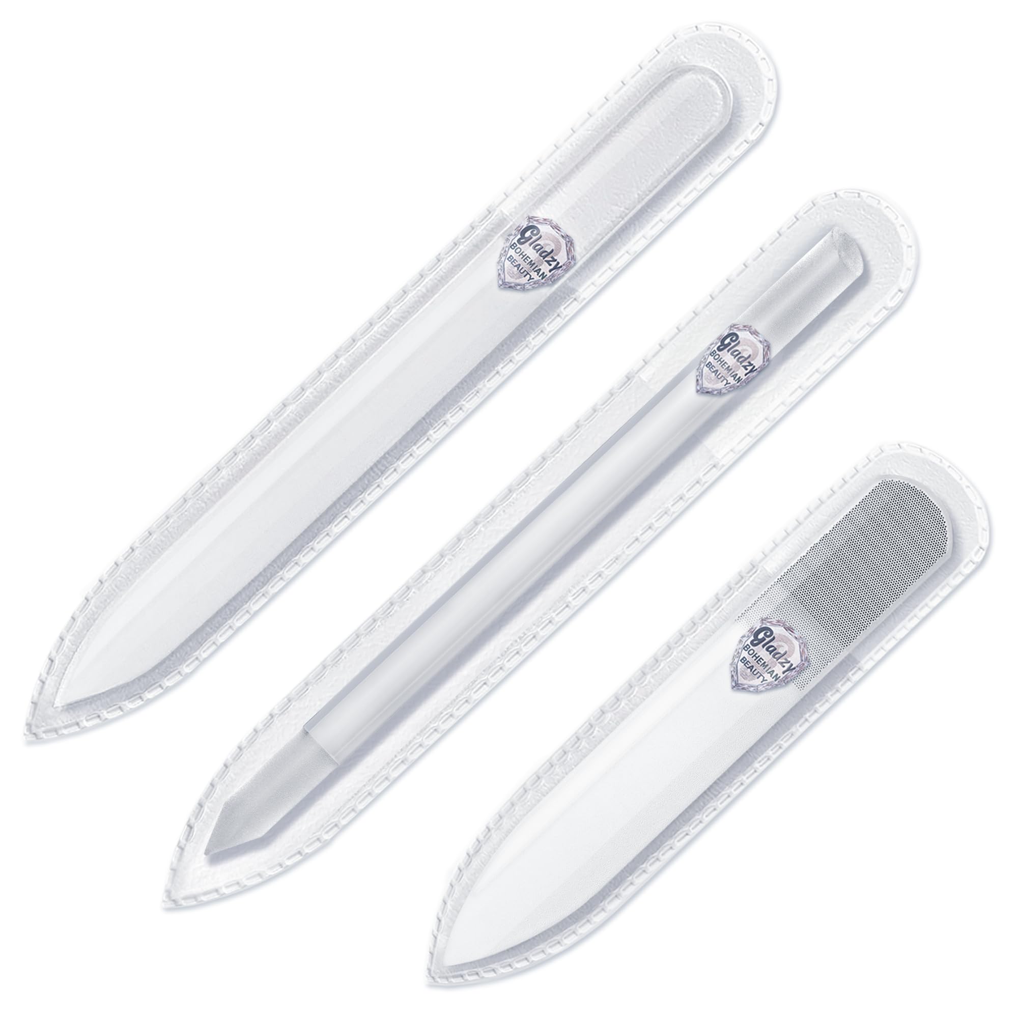 GLADZY Czech Glass Nail File Set with Glass Nail Shiner & Cuticle Pusher– 3 pcs Manicure Kit with Case, Multi-Functional Nano Buffer, Manicure Stick,