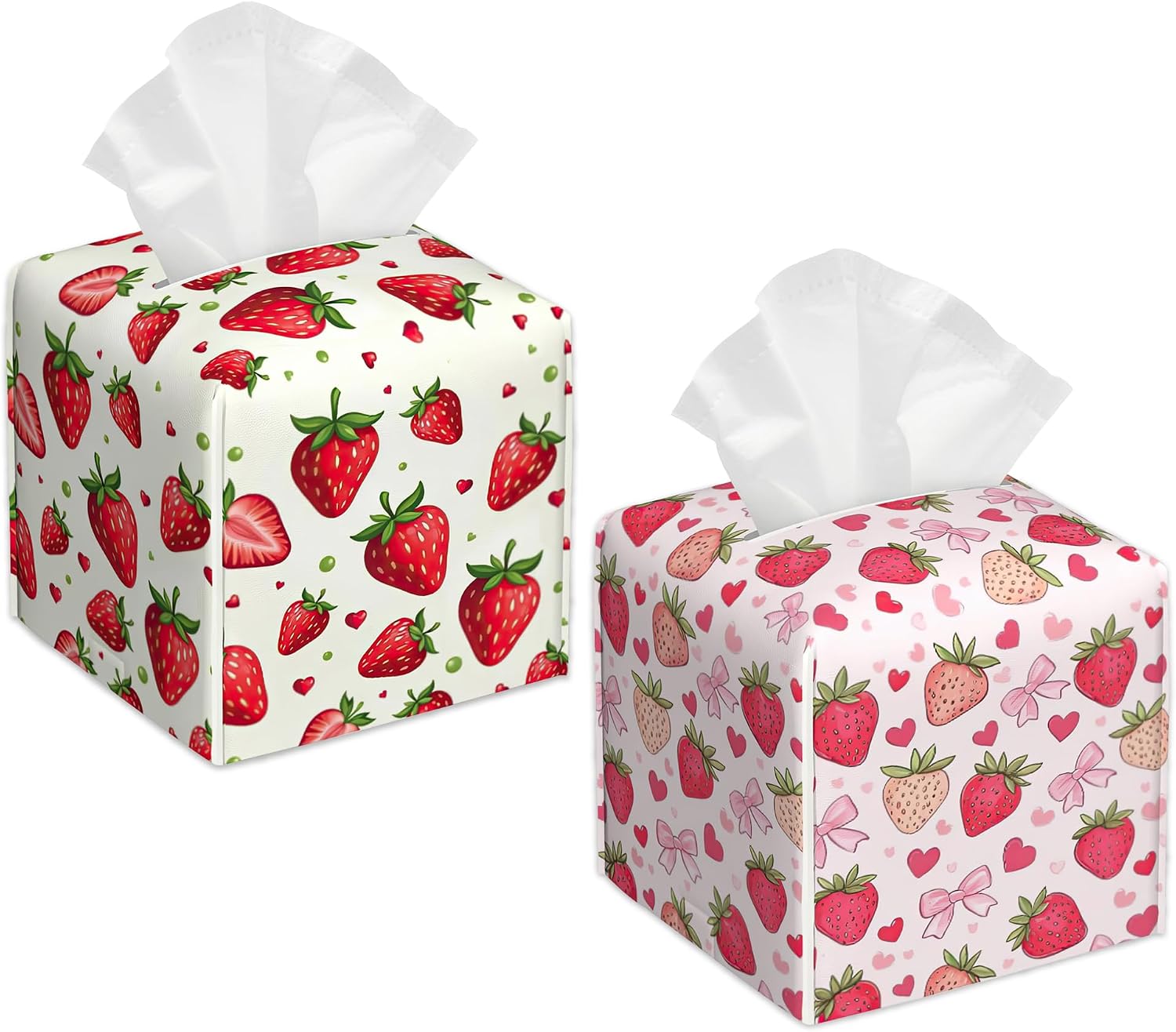 2 Pcs Groovy Strawberry Tissue Box Cover Leather Tissue Box Holder Square Facial Paper Organizer Dispenser for Bedroom Dresser Night Stand Office Desk