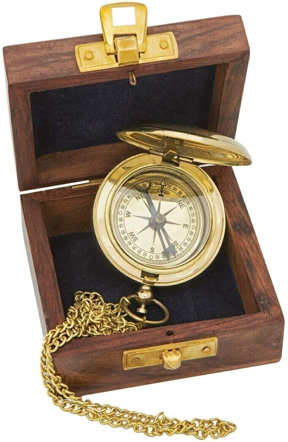 Antique Nautical Brass Compass with Wooden Box, Vintage Push Bottom Design-image-13
