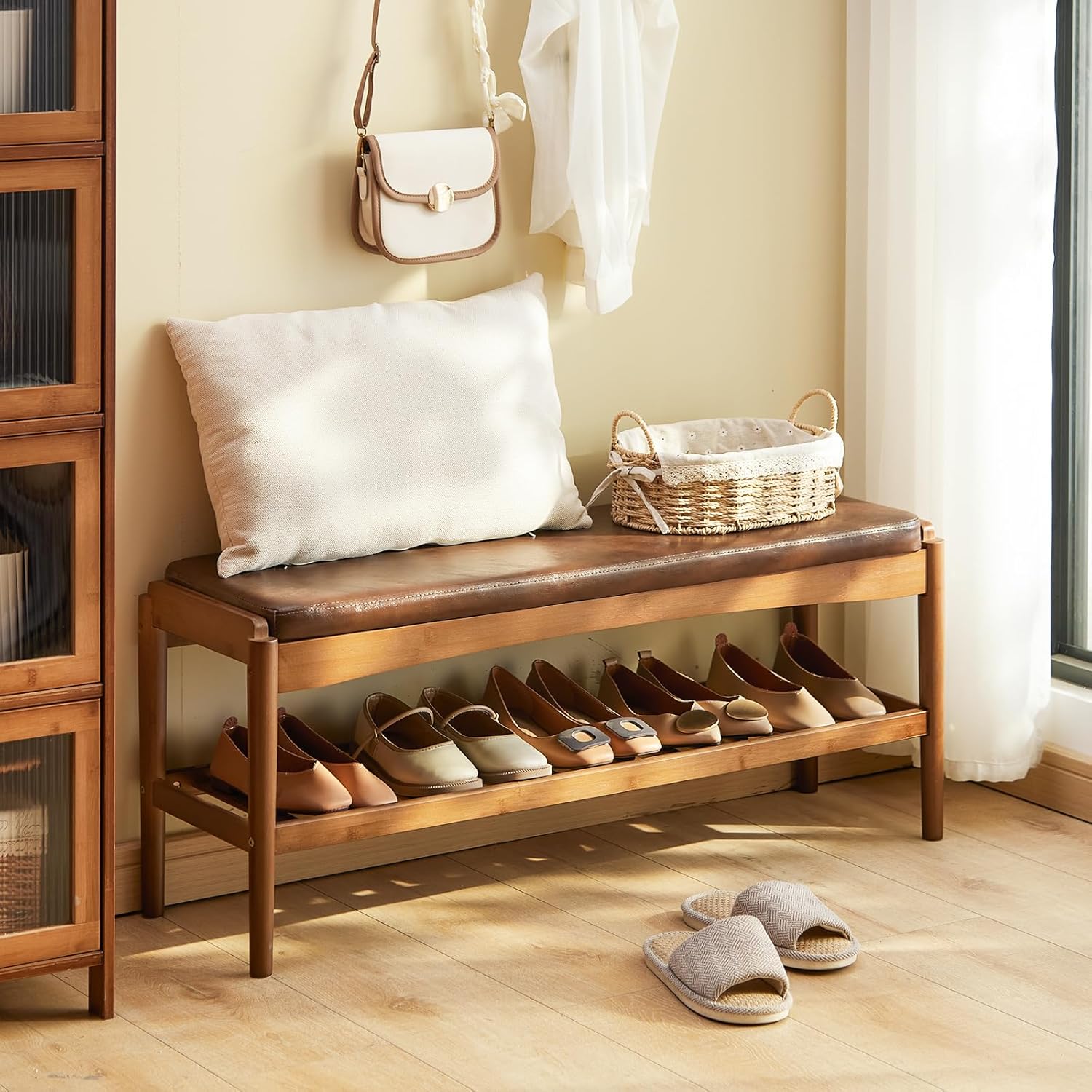 Shoe Rack Bench Entryway Bamboo Shoe Storage Bench with Leather Cushion 2 Tiers Shoe Rack Entryway Bench for Hallway, Living Room,Bedroom(Walnut Bench top+Brown Frame)