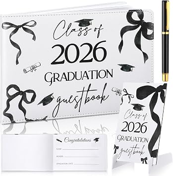 Yingzhao Leather Graduation Guest Book with Wood Table Sign and Signature Pen 144 Pages Class of 2026 Graduation Signature Book Grad Guest Scrapbook College Party SuppliesBlack,Black Bow