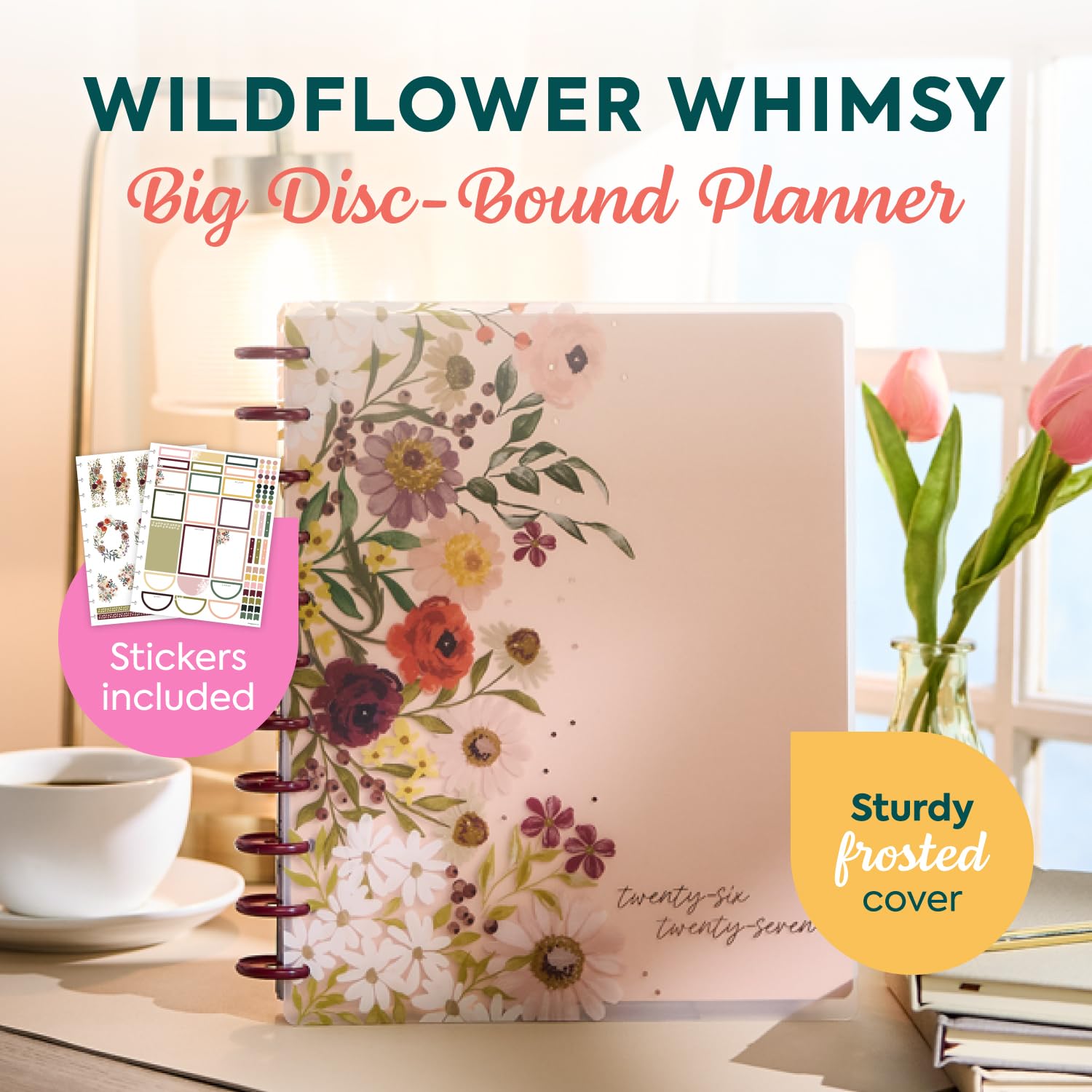 Happy Planner - Planificador encuadernado en disco de julio de 2026 a junio de 2027, tamaño grande | Incluye 3 meses adicionales y 2 hojas de calcomanías, 8.5 x 11 pulgadas, diseño de salpicadero, tema de flores silvestres