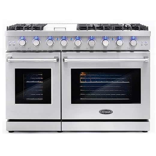 COSMO COS-EPGR486G 48 in. Haven Collection 7 cu. ft. Double Oven Gas Range, 6 Burners, Griddle, Convection, Knob LEDs, Stainless Steel