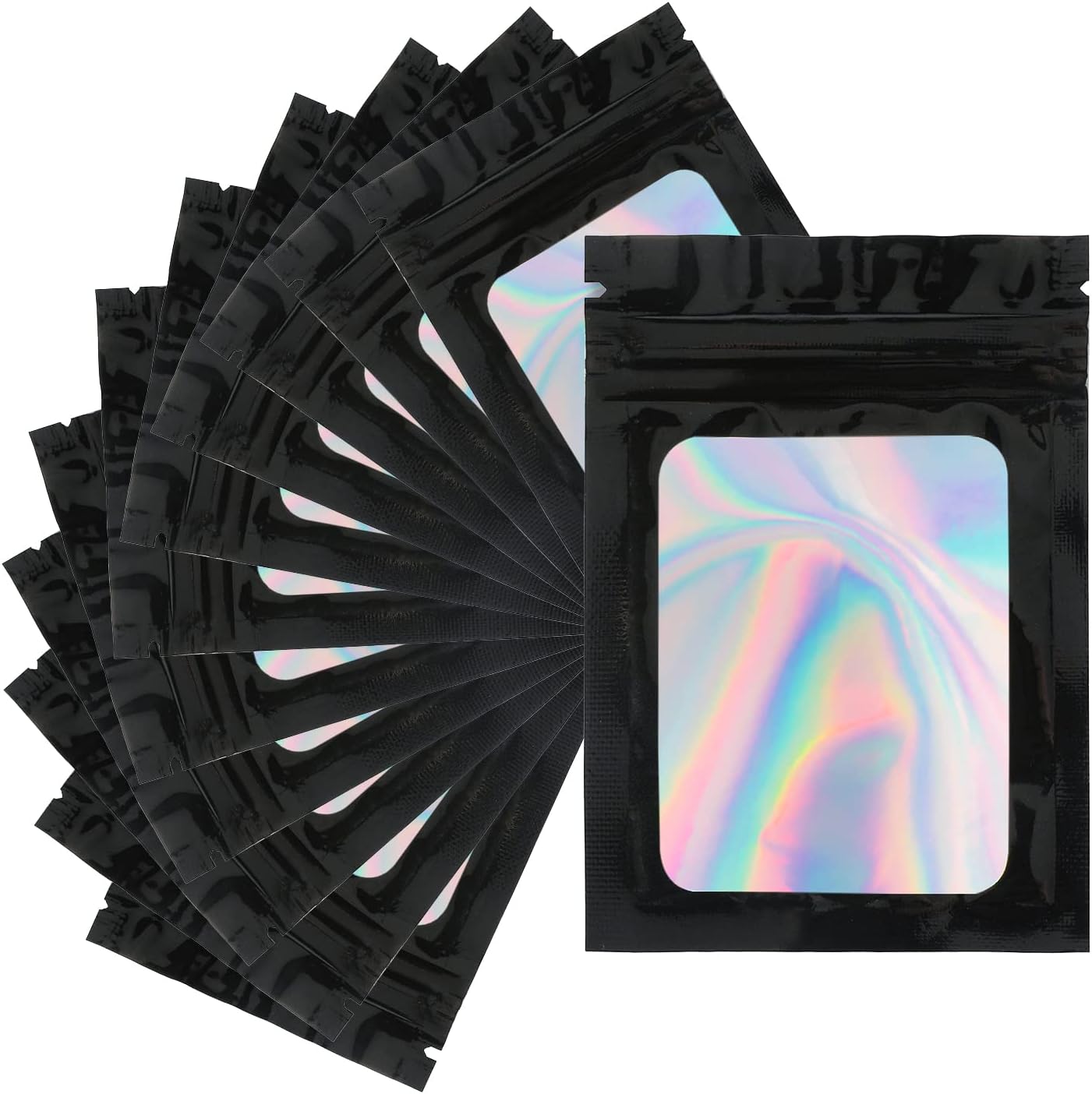 GCQQ 100Pcs Holographic Mylar Bags - 7x10CM Black Zip Lock Resealable Smell Proof Pouches - Small Foil Baggies With Clear Window for Sweets, Wax Melts, Bath Salts
