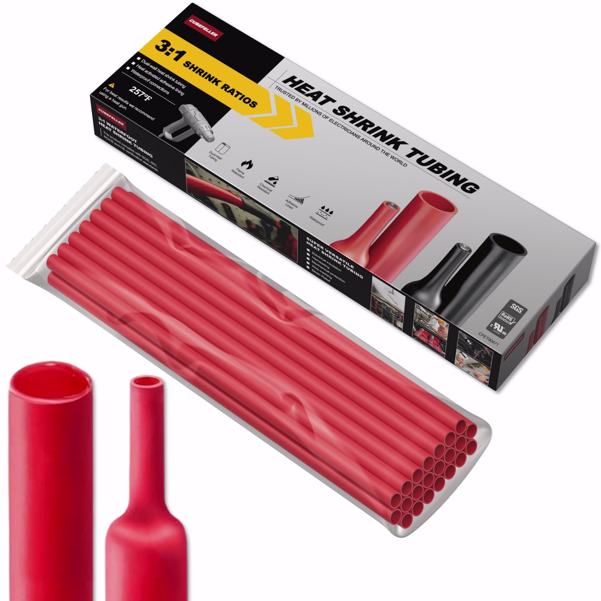 CUBEFELLER® 3:1 Ratio 1/4 Inch (6.4mm) Red Heat Shrink Tubing - 20ft (6.1M Total Length), Marine Grade Waterproof Adhesive Lined, Insulation Sealing