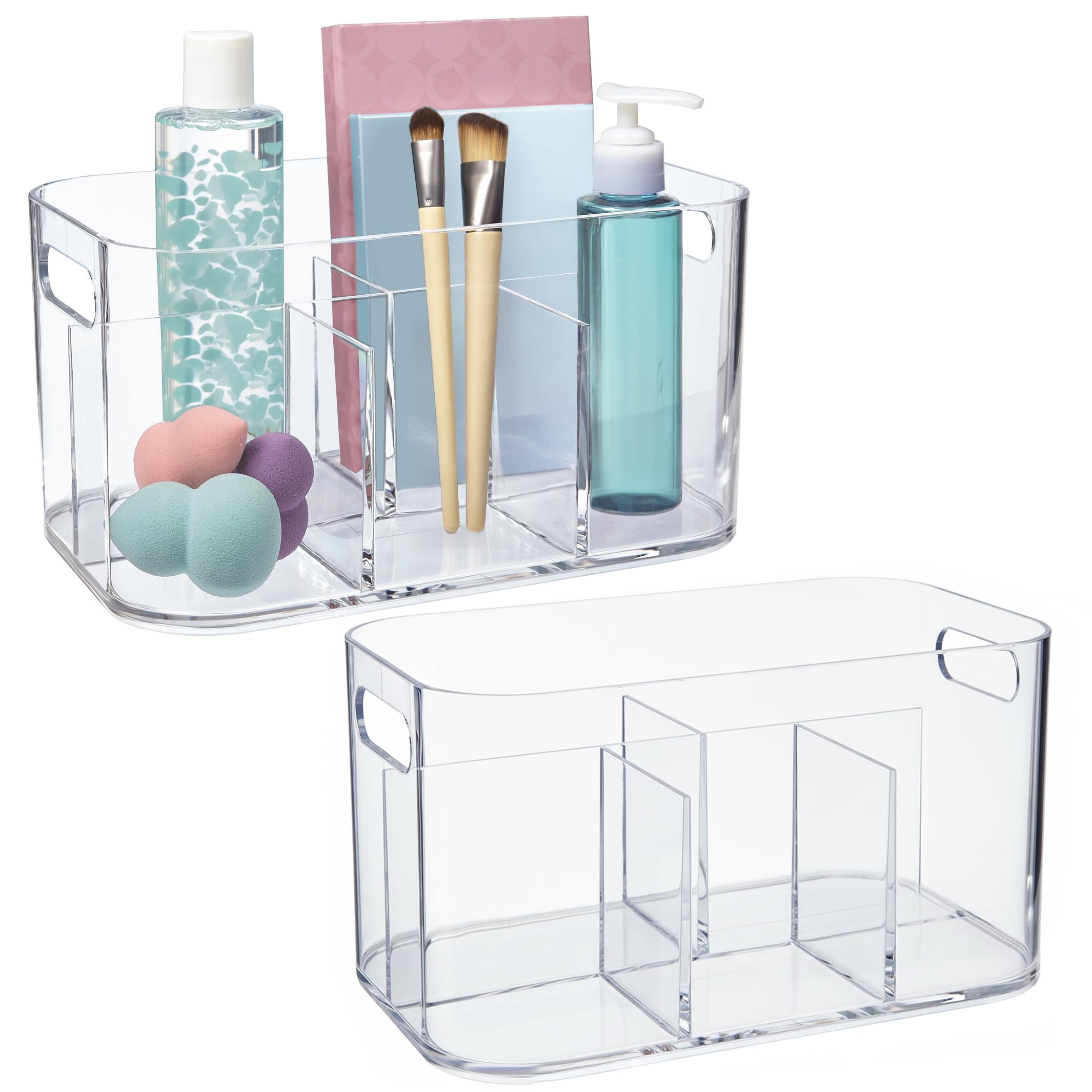 STORi Bliss 5-Compartment Plastic Cosmetics Storage Organizer Set of 2 Clear Rectangular Divided Makeup Bin Vanity Caddy with