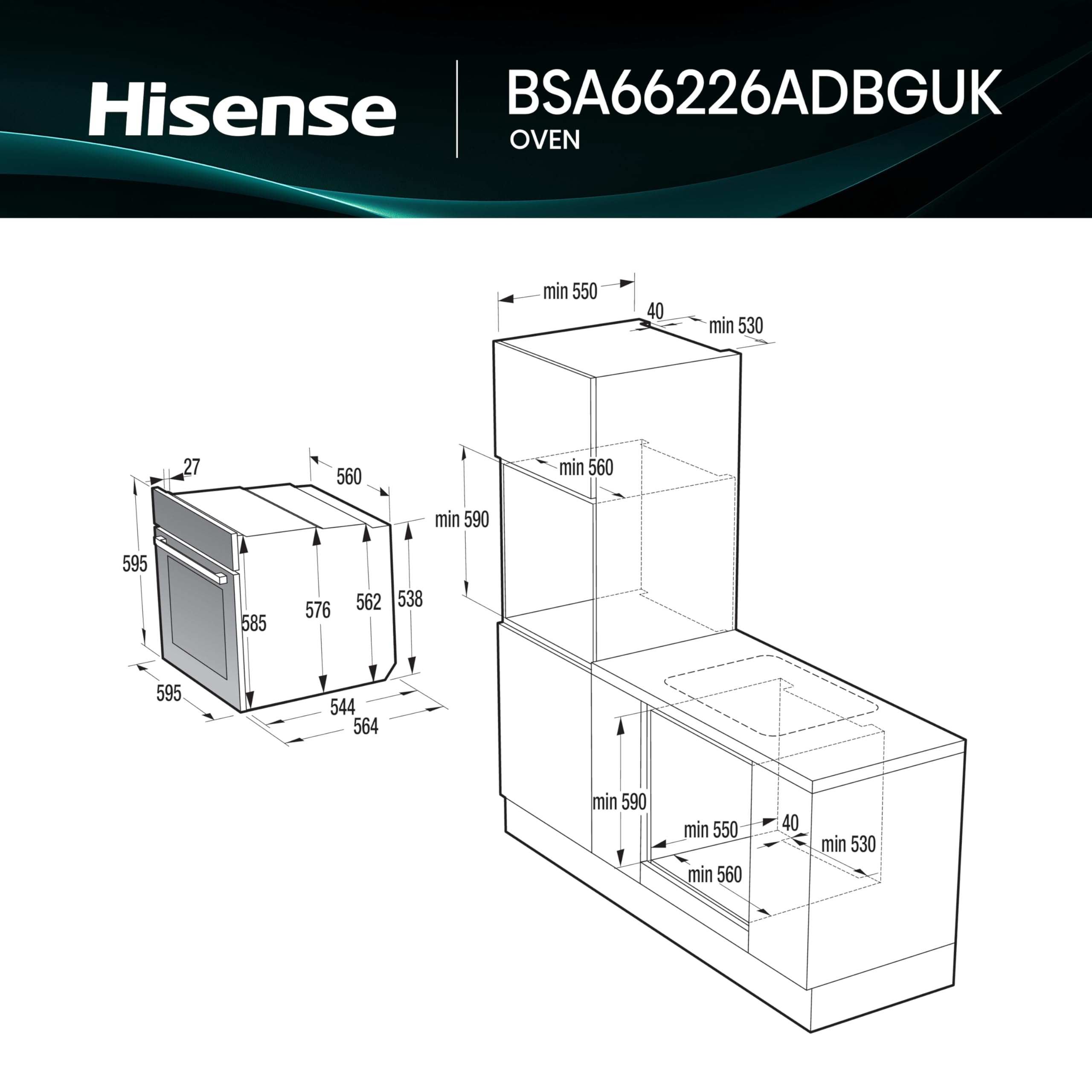 Hisense Hi4 BlackLine 77L BSA66226ADBGUK Built-In Electric Single Oven with Air Fry - Black - A Rated — view 3