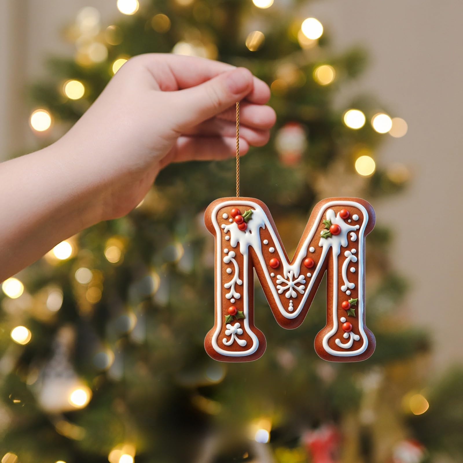 Corlidea A-Z 26 Gingerbread Alphabet Ornaments for Christmas Tree Decorations, Candy Cane Initial Letter Xmas Pendant with Berries Pattern, Christmas Tree Hanging Ornaments DIY for Home Party Decor