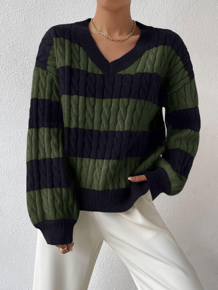 LIGHT DOT Damen-Winterpullover, größenverstellbar, Zopfmuster, V-Ausschnitt, langärmelig, lässig, lockerer Pullover, Farbblock-Streifen