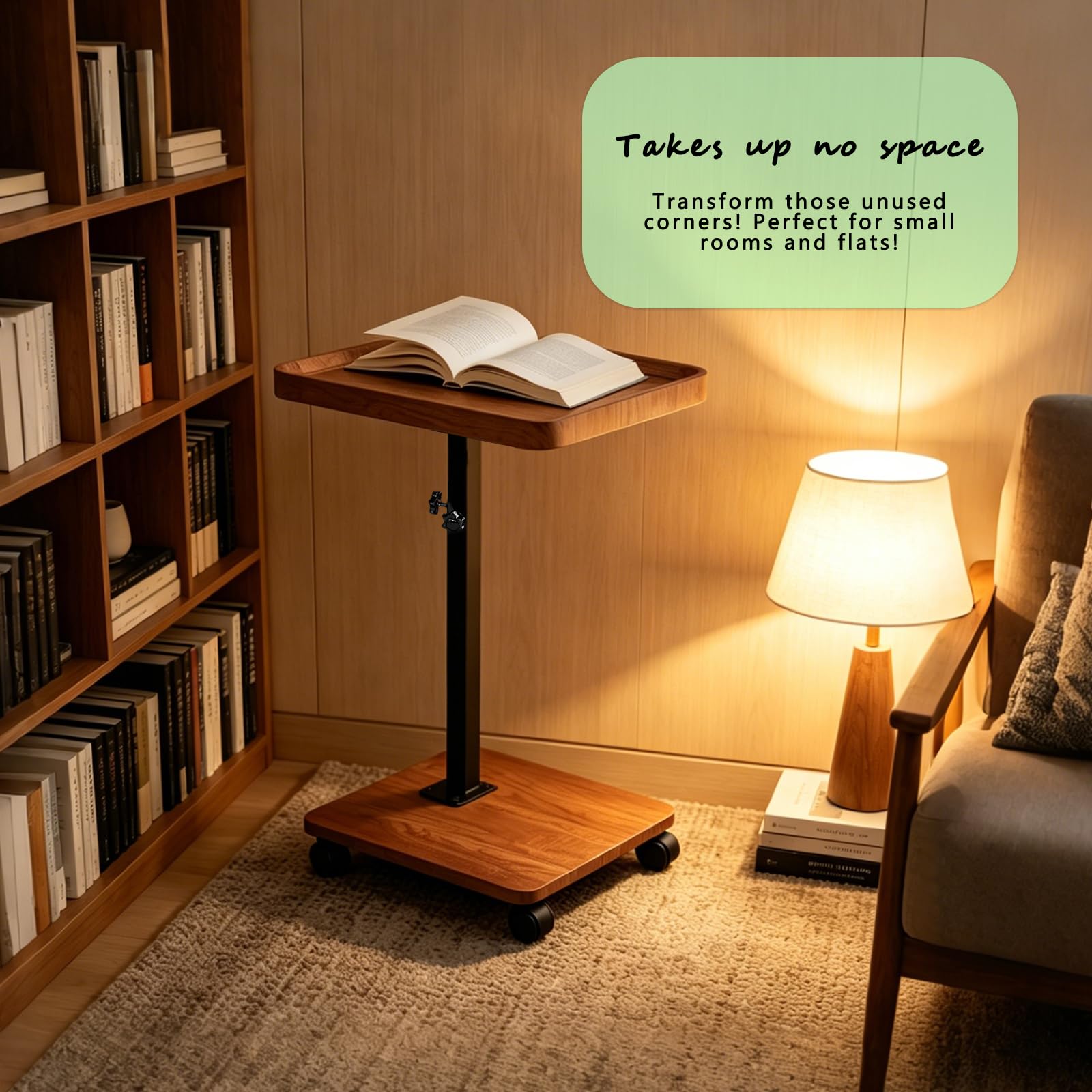 Mesa lateral ajustable con ruedas, altura 45-80 cm, tablero DM efecto madera de nogal, giratoria 360°, estructura de metal resistente, para sofá, cama, sillón, lectura, trabajo, bebidas