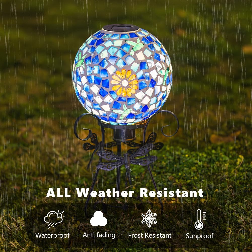 Stargarden Solar Gazing Ball, 10" Mosaic Gazing Ball,Glass Gazing Globe with Metal Stand, Decorative Solar Globes for Patio, Lawn, Garden Decor