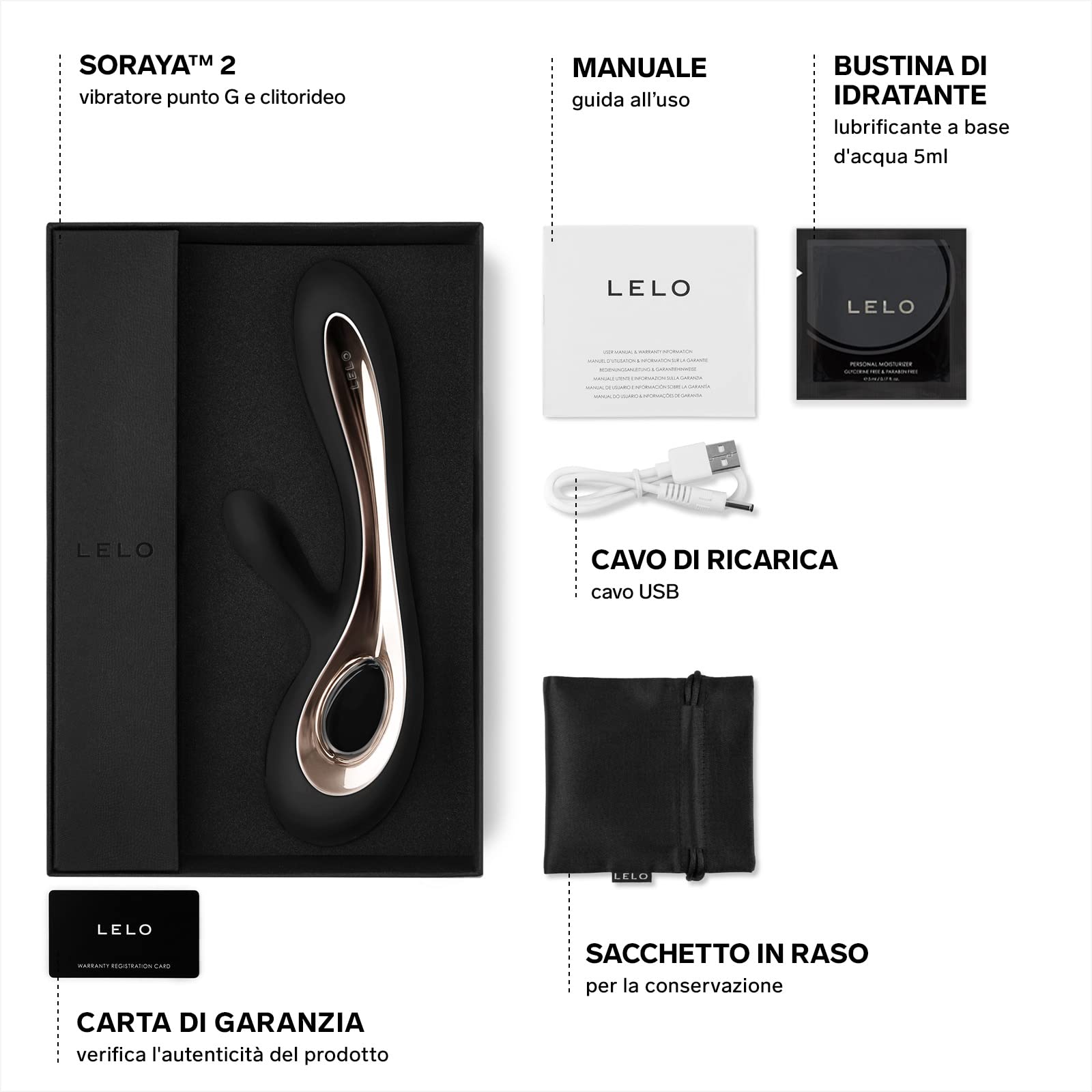 LELO SORAYA 2 Vibratore Rabbit per il Punto G e il Clitoride, Impermeabile e Wireless, Vibratore Donna con Stimolatore Clitorideo Femminile, Sex Toys per Donne, Vibratori Femminili, Black