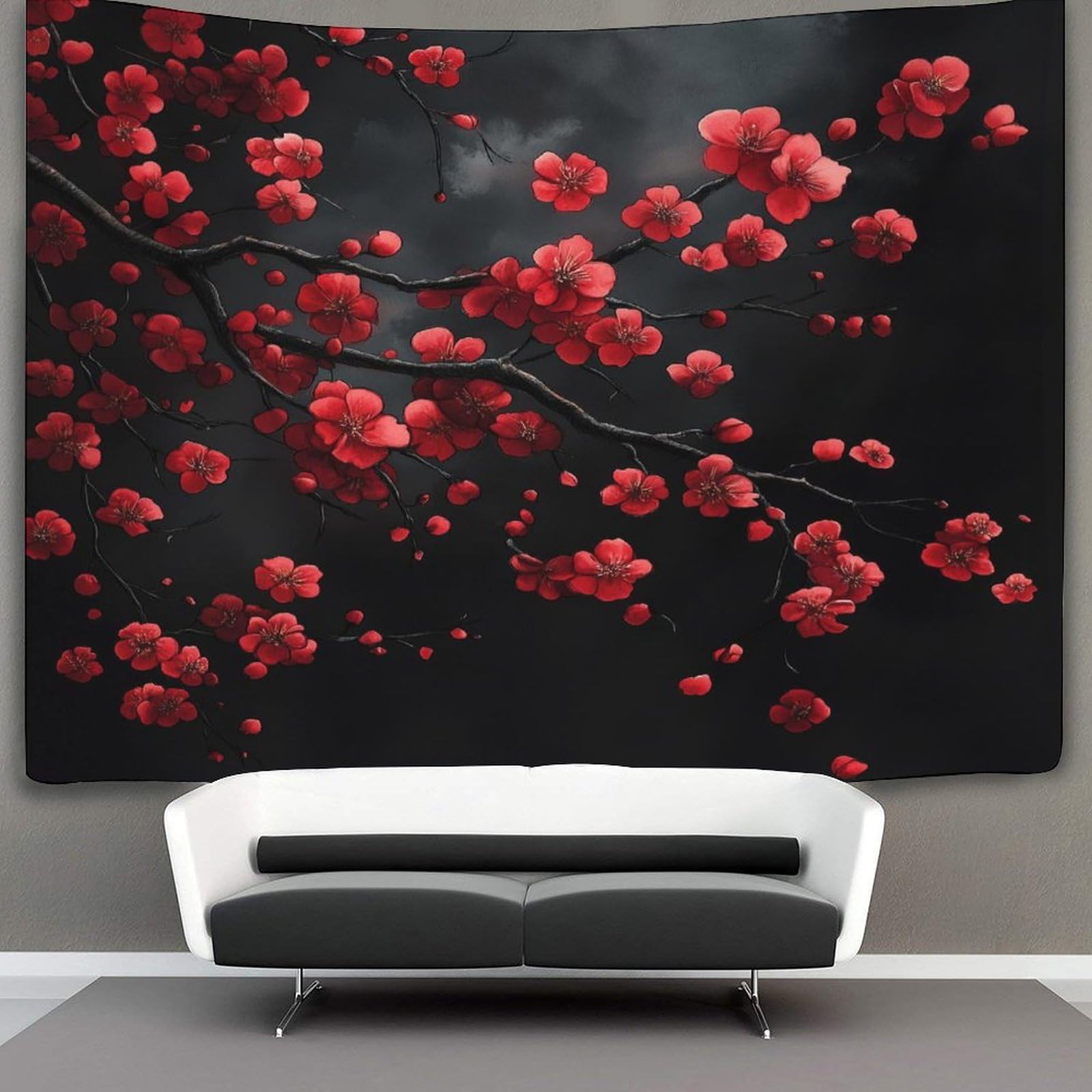 kaiyun Deep Red Cherry Blossoms Tapestry for Bedroom,Black Ink Background Tapestries,Art Tapestries Wall Hanging Decoration for Living Room Bedroom & Dorm 150cmx200cm