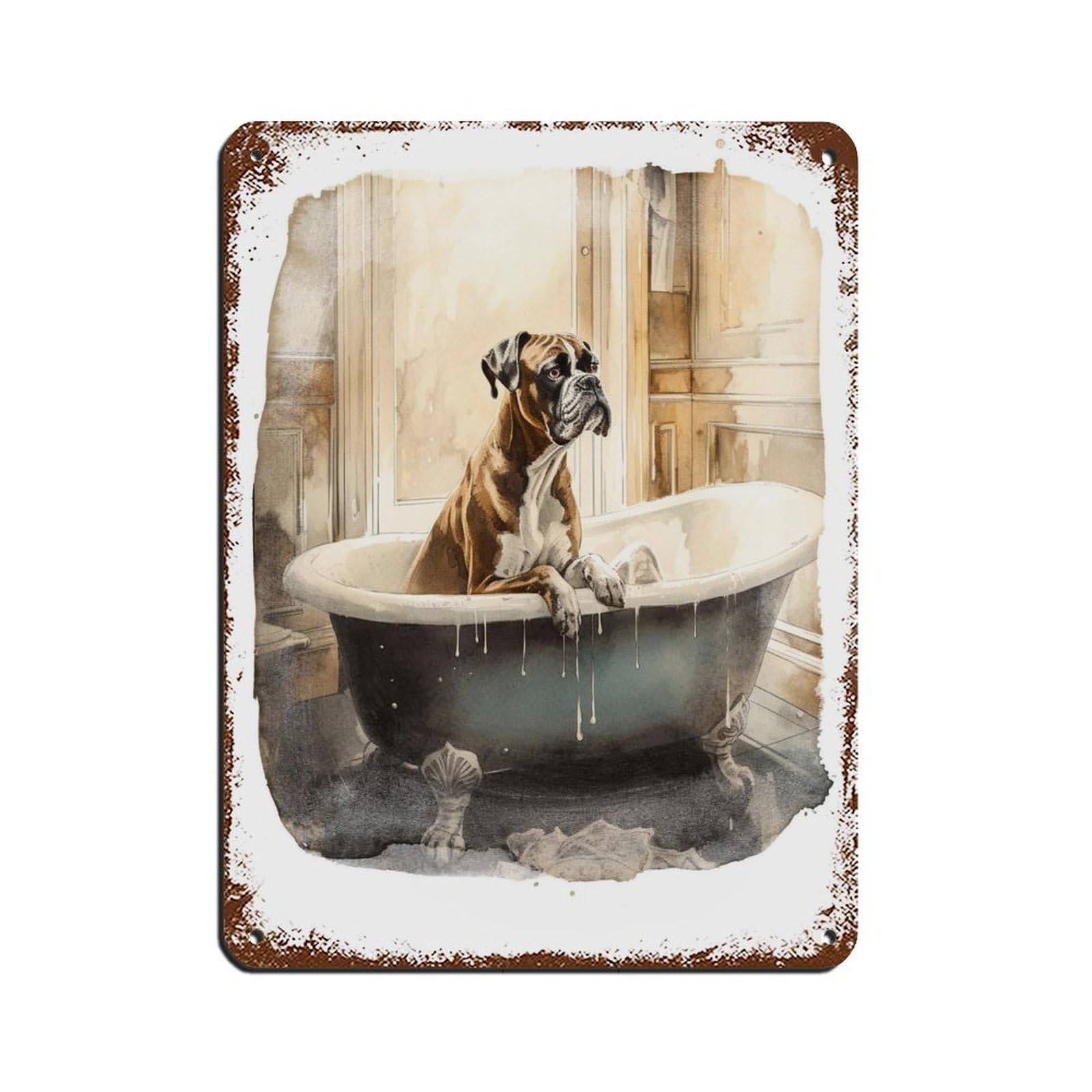 Boxer Dog in Bath, Bathroom Art Retro Poster Metal Tin Sign Chic Art Retro Iron Painting Bar People Cave Cafe Family Garage Poster Wall Decoration 12x16inch(30x40cm)
