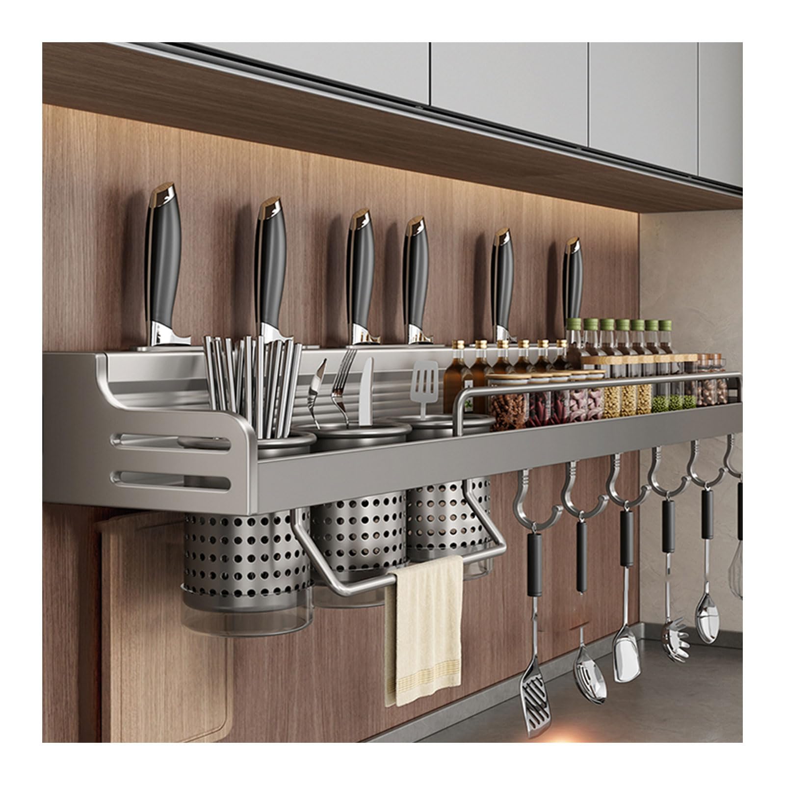 WDSOPK Wall Mounted Utensil Holder with Hooks 27.5in Multifunctional Spice Shelf Kitchen Wall nizer for Spatulas Towels and Cooking Tools Space Saving Storage Solution,50