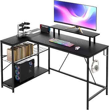 Levede L Shaped Gaming Desk 132.5 cm with RGB LED Lights & UK Power Outlets, Carbon Fibre Black
