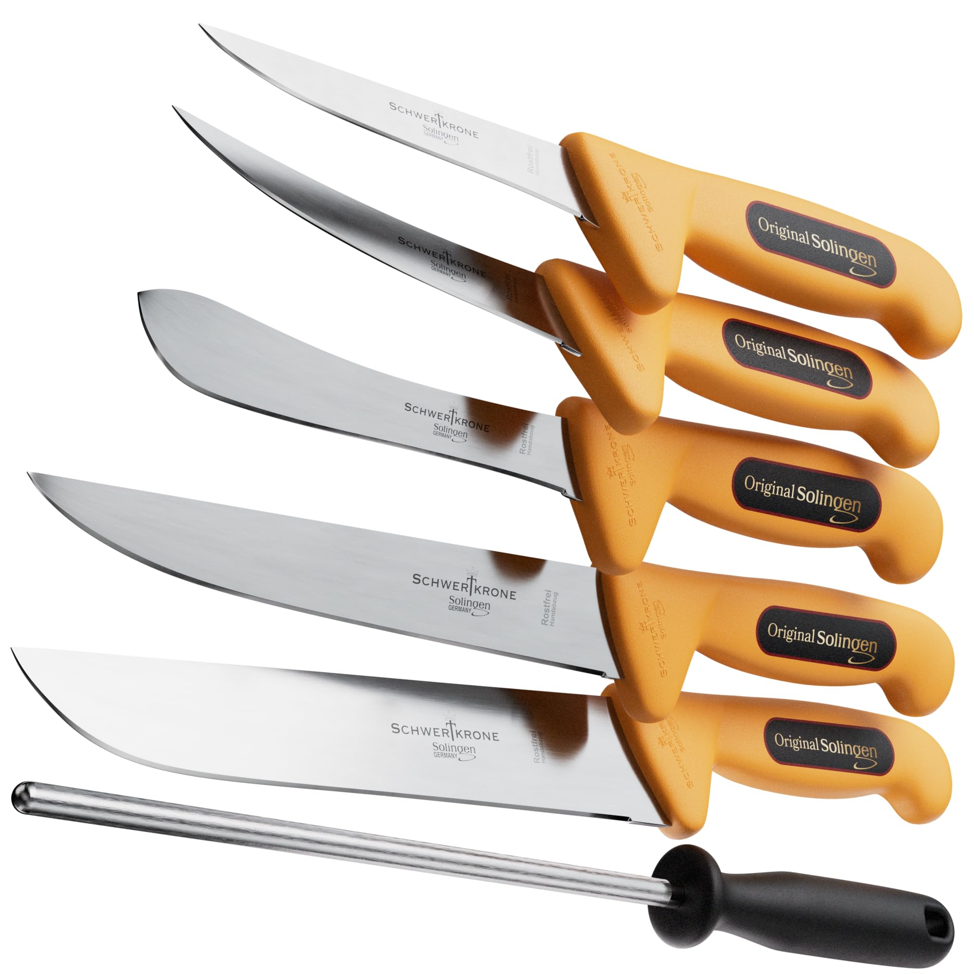 Schwertkrone Set di coltelli da macellaio Made in Germany Solingen Set di coltelli professionali da 6 pezzi, coltello da macellaio, coltello da disosso, coltello da macello, coltello da cuoco