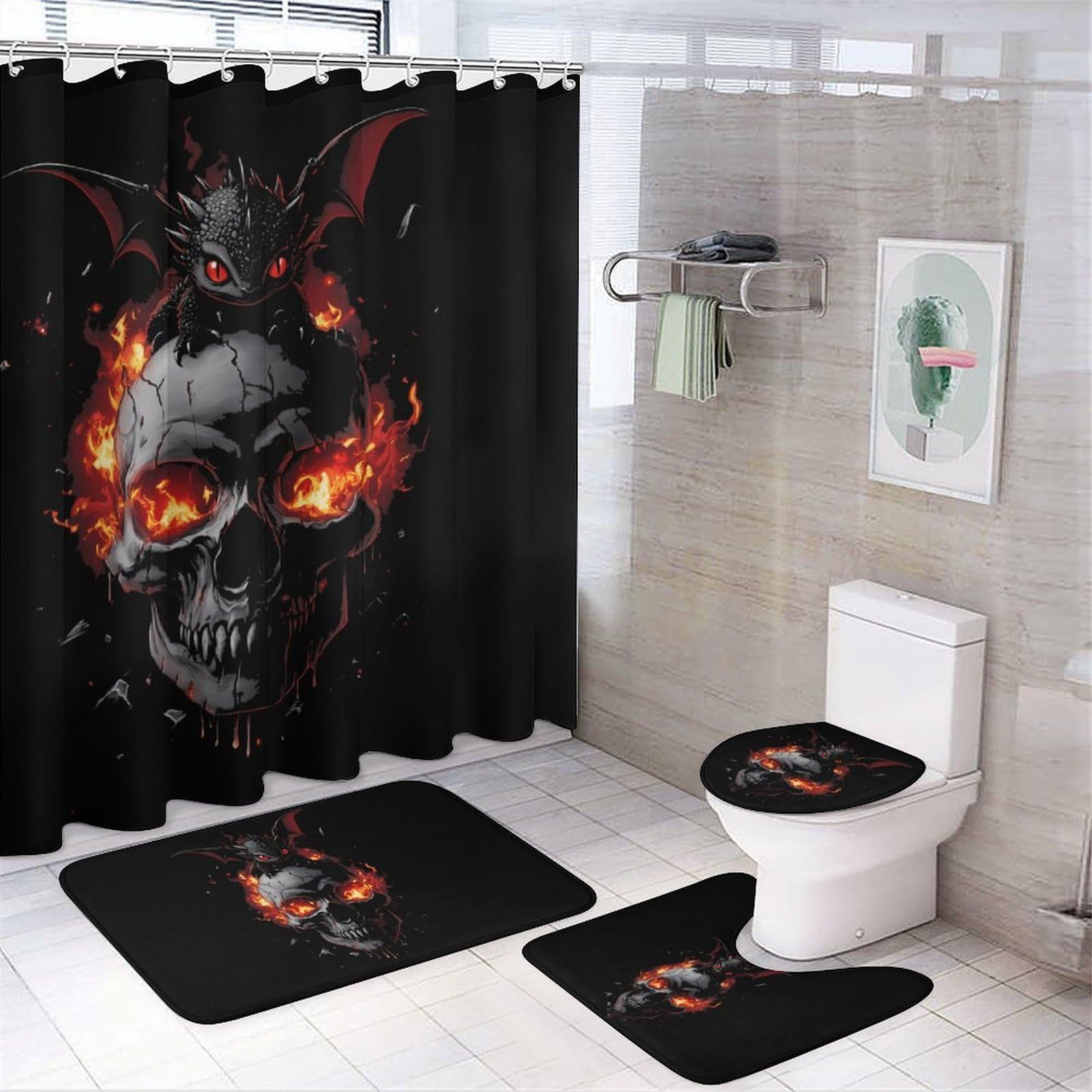 CGSBNGHA Black Dragon Fire Skull Shower Curtain Set 4 Piece Bathroom Sets with Rugs Toilet Lid Cover And U-Shaped Floor Mat
