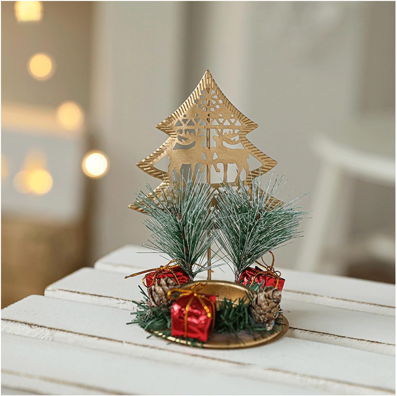 Unique Christmas Candle Holder Golden Table Centerpieces Candle Holder with Red Berries Pine Cones for Christmas Table Decor Spring Decor (Christmas Tree 4)