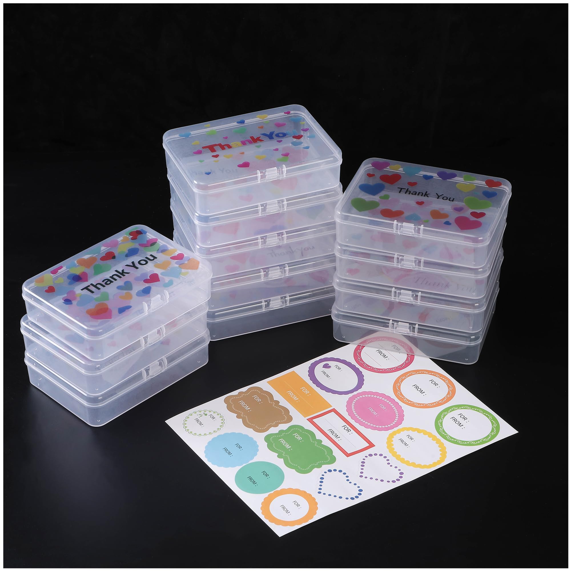 12 Pieces Rectangular Plastic Organizer Storage Box Containers with Thank You &amp; Hearts Image Pattern on the Lid, 4.5 x 3.3 x 1.1 inch (Transparent)