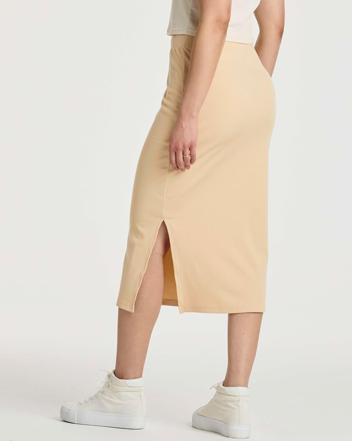 Real Essentials 3 Pack: Women's Midi Ribbed Knit Skirt with Side Slit - Stretchy Work Business Casual Pencil Pull-On Skirts - Image 3