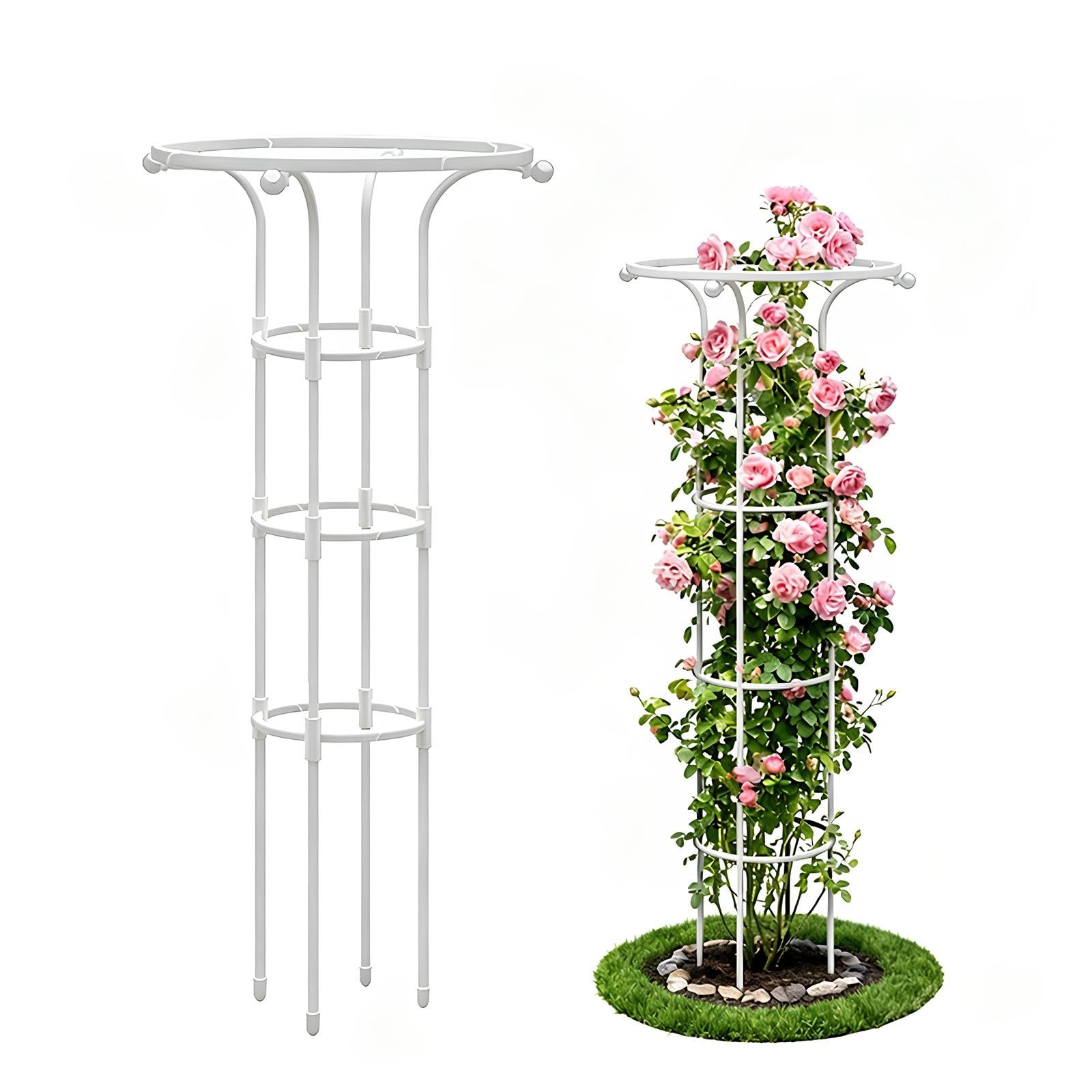 Windproof Garden Obelisk Plant Support Climbing Frame Trellis For Roses, Clematis & Ivy, Φ11mm Plastic Coated Metal Pipe(White,D25cmxH125cm)