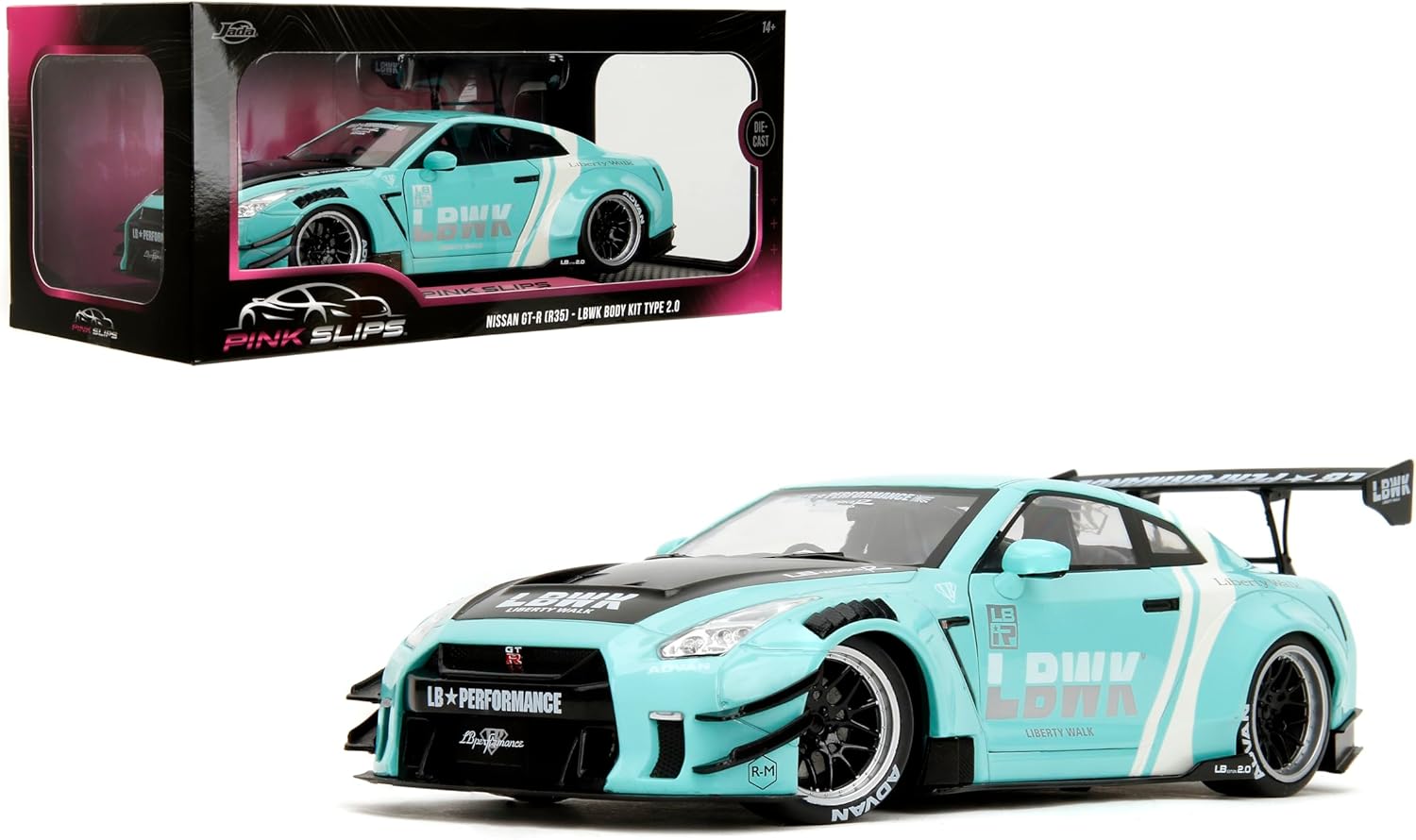 Jada Pink Slips 2020 Liberty Walk GT35 Type2 Nissan GTR R35-1:18 Scale Diecast Model with Opening Doors and Working Steering - for Collectors and Enthusiasts 14+ - Mint Green