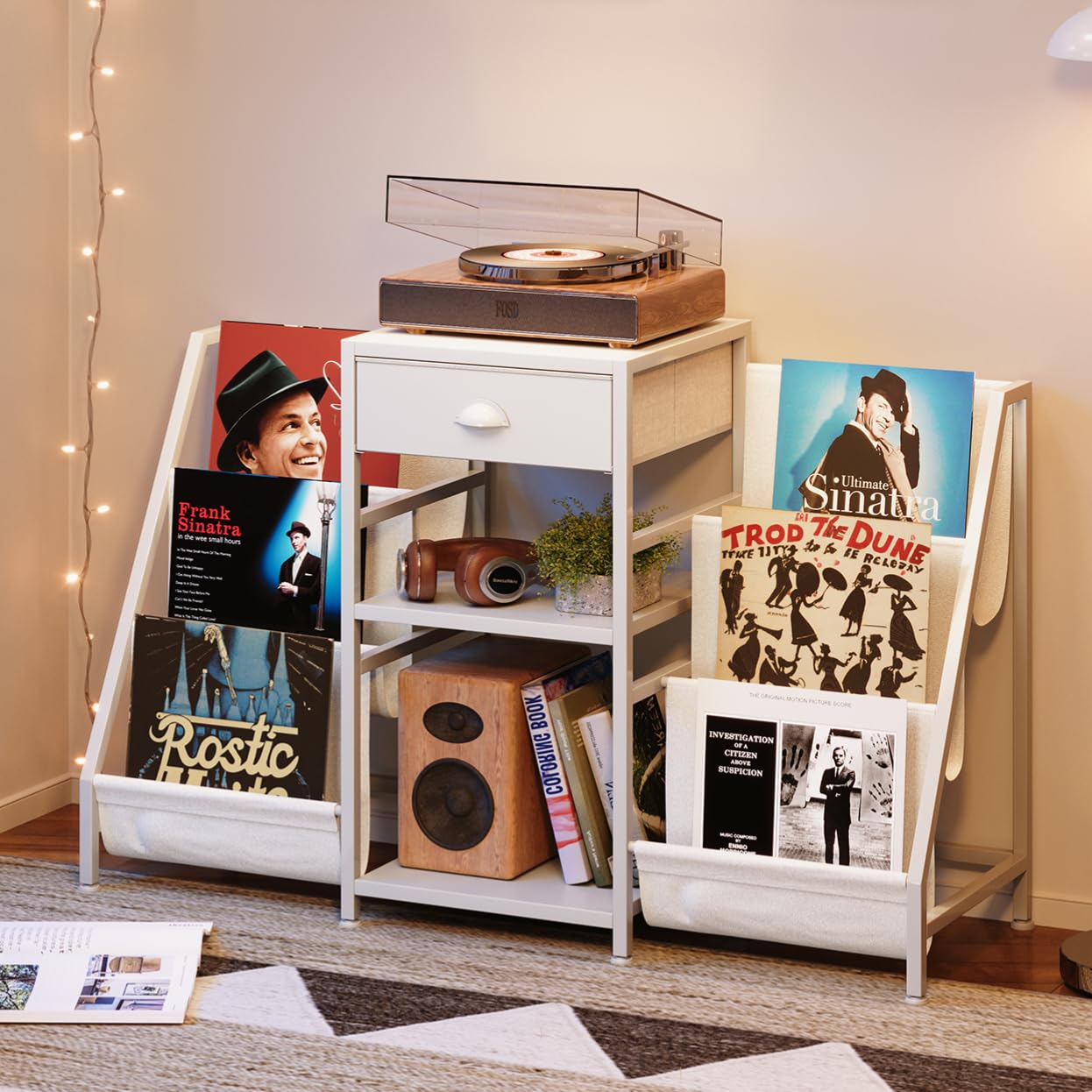 Plattenspieler Ständer Weiß mit Schublade – Vinyl Aufbewahrung für bis zu 280 LPs – 3 Ebenen Schallplattenständer mit Stoff Halterungen – Moderner Turntable Stand & Medientisch für Wohnzimmer