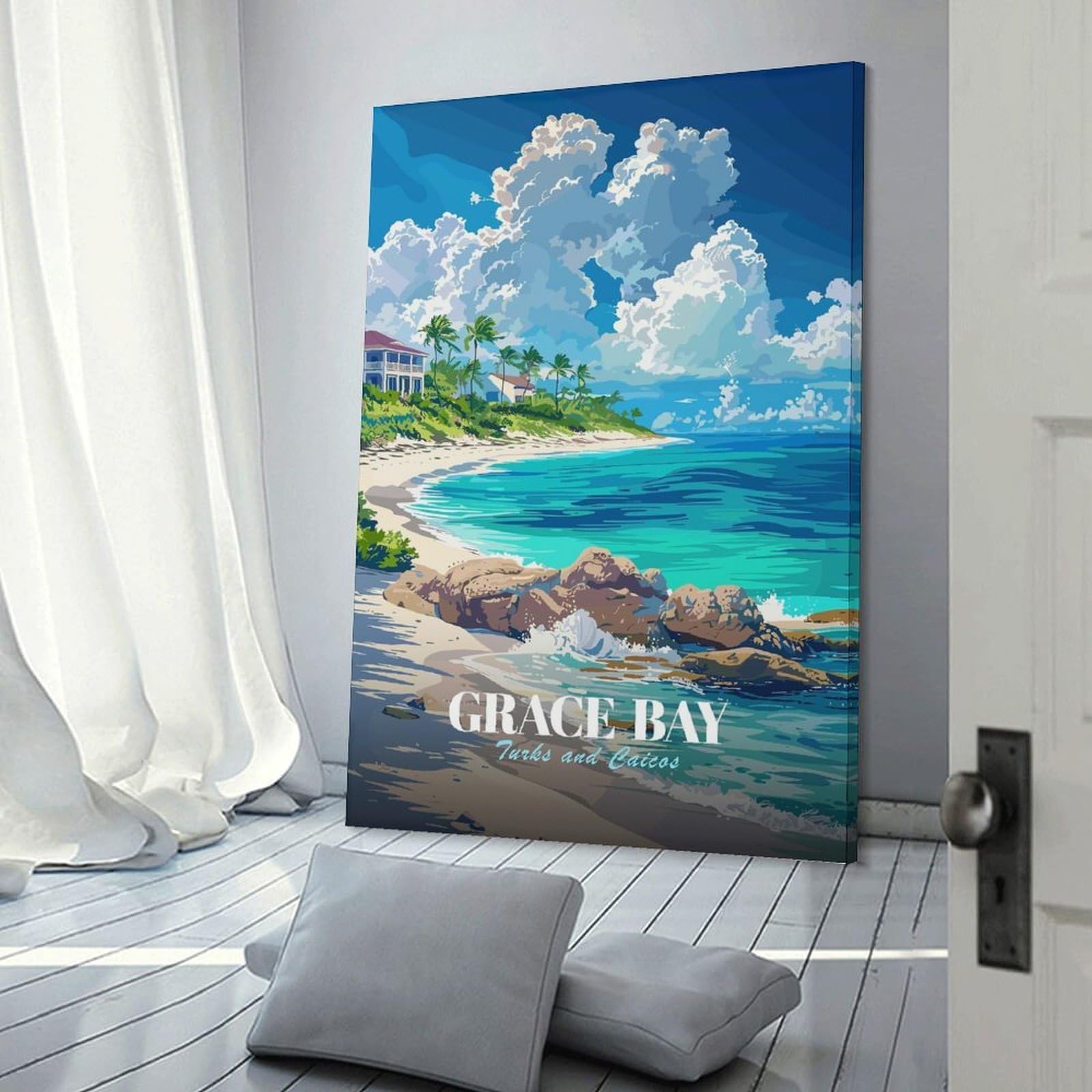 Junmoney Frame-Style-24 Grace Bay, Turks And Caicos Poster Decorative Canvas Print, 20X30inch(50X75cm), For Living Room, Bedroom Or Home Office, Canvas Artwork With Gifting Potential