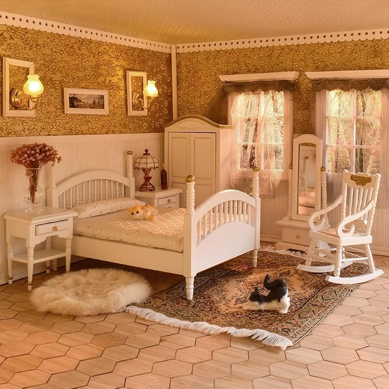 iLAND Muebles victorianos para casa de muñecas escala 1/12, juego de muebles de dormitorio para casa de muñecas Brewster (blanco y dorado)