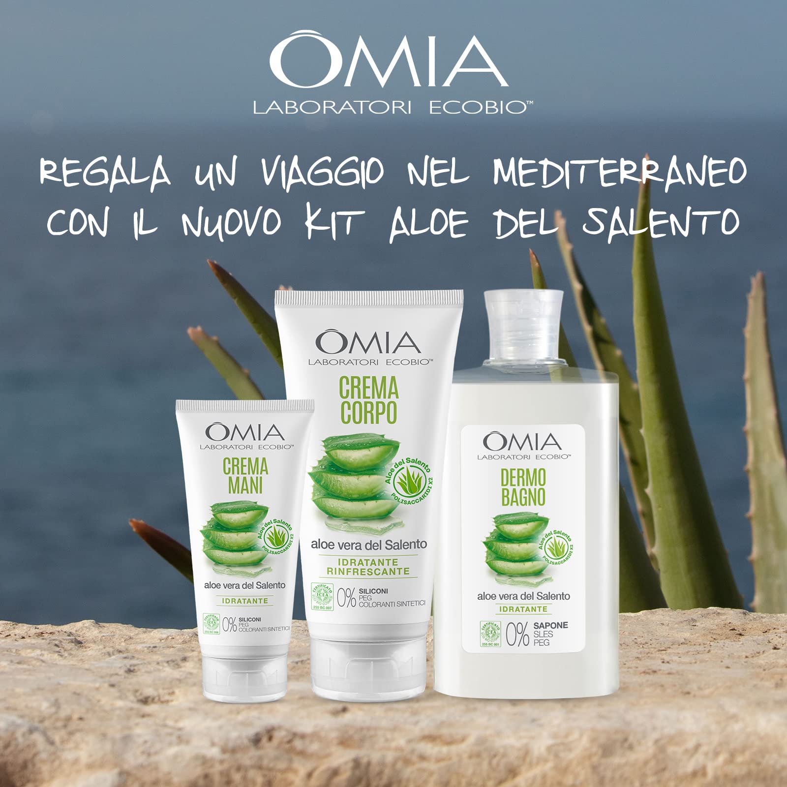 Omia Aloe Vera del Salento, Confezione Regalo Donna, Set Bagno, Cofanetto Corpo e Capelli con Crema Mani, Crema Corpo e Bagnoschiuma Dermo Bagno, Confezione da 3 pezzi