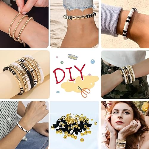 Miniatura 5 de WEUOPG Kit de fabricación de pulseras para niñas, cuentas de arcilla para hacer pulseras, kit de cuentas de arcilla blanca y negra, cuentas doradas