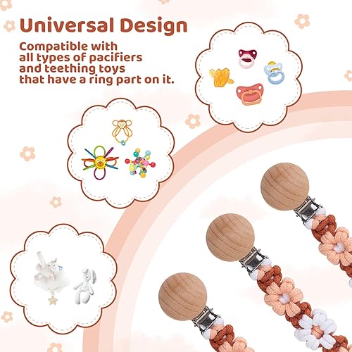 Vista 7 de Clip trenzado para chupete para niños y niñas, macramé con margaritas para bebé, correa hecha a mano, estilo bohemio para chupete