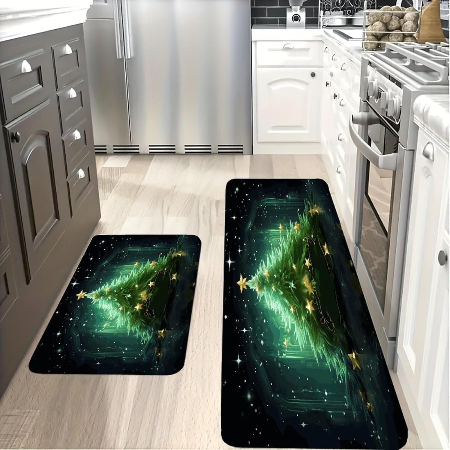 Green Christmas Tree Kitchen Mats with 2PCS Non-Slip Washable,Kitchen Rug Heavy Duty Durable, Floor Mats for Kitchen,Office,Sink,Laundry