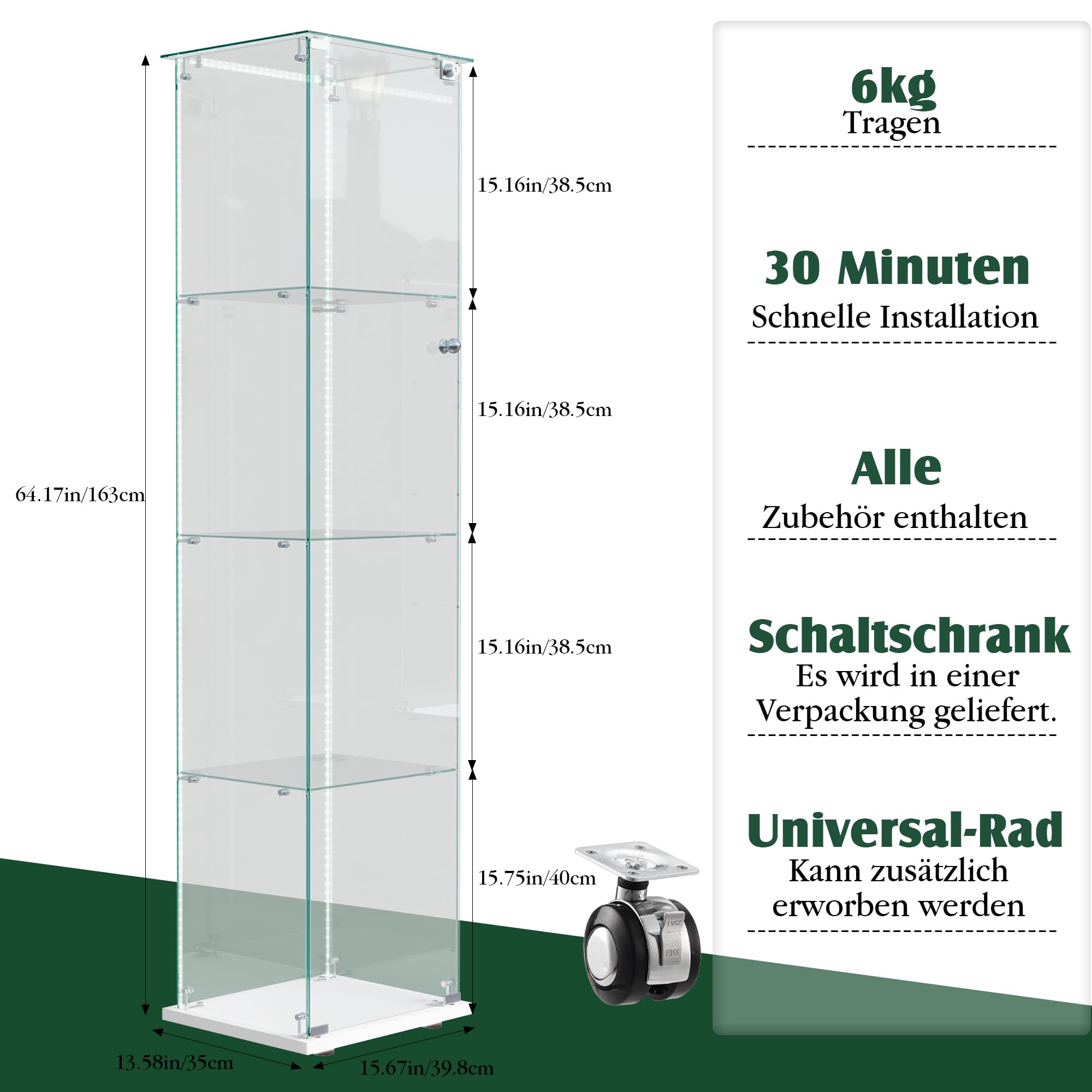 Vitrina de cristal de pie, Vitrina de cristal de pie con LED, 4 capas de cristal madera cristal vitrina armario vitrina 1 puerta y cerradura vitrina armario de cristal armario expositor vitrina de